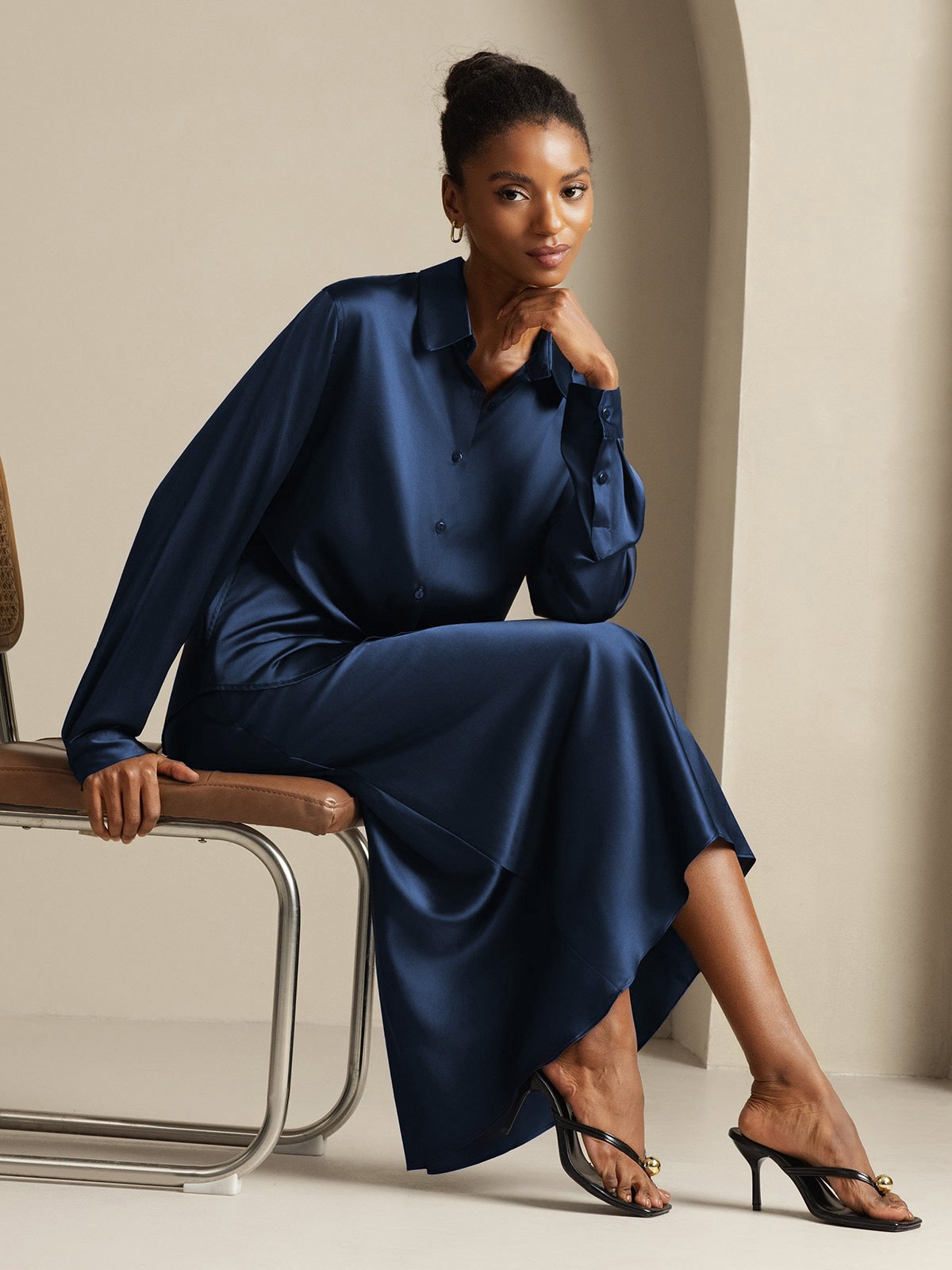 [Dark Blue] SilkSilky-UK 19Momme Silk Knitted Collar Women''s Outfit Sets 008,