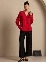 [Wine] SilkSilky-UK 19Momme Stretch Silk Double Georgette Long Sleeve V Neck Blouse 008