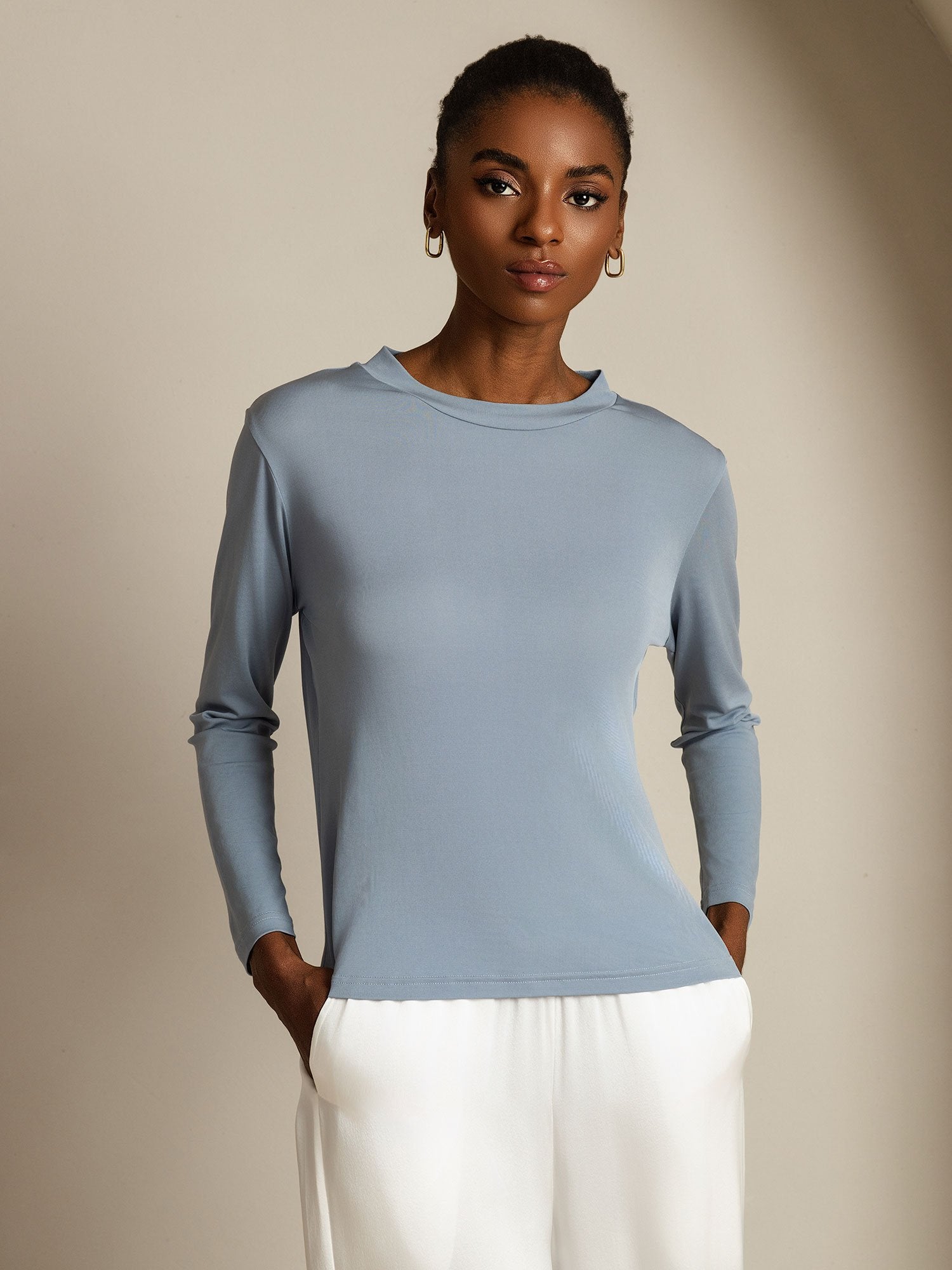 [GrayishBlue] SilkSilky-UK Pure Silk Round Neck Women's T-Shirt 006