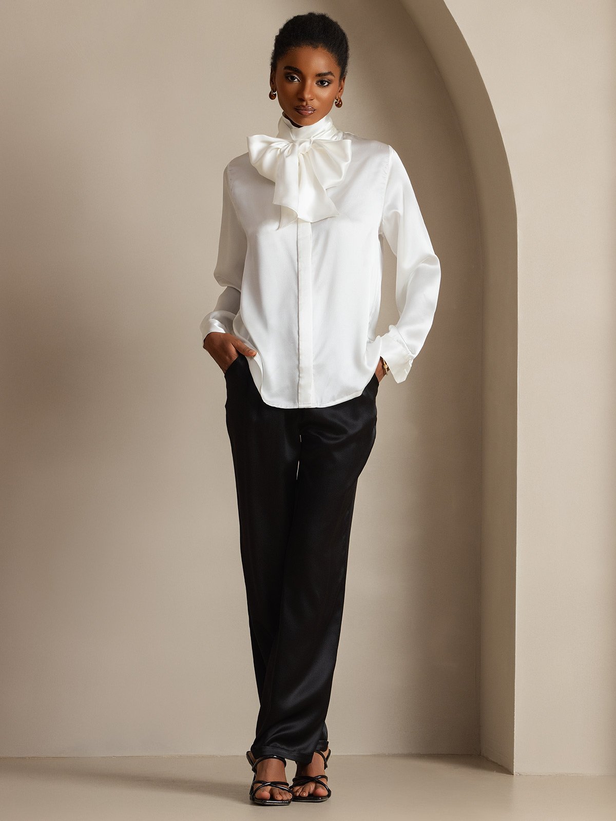 [White] SilkSilky-UK 19Momme Silk Long Sleeve Tie Neck Blouse 007