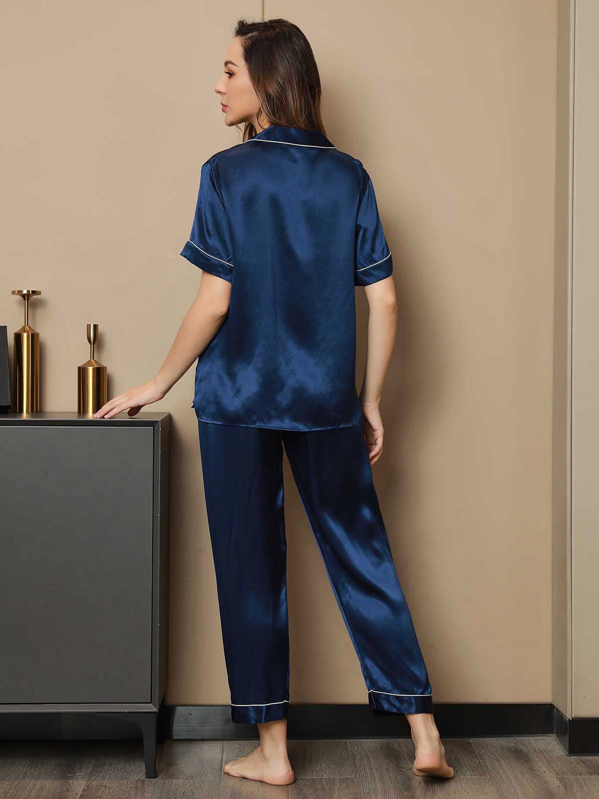 SilkSilky UK Pure Silk Short Sleeve Lapel Women's Pyjamas DarkBlue 002