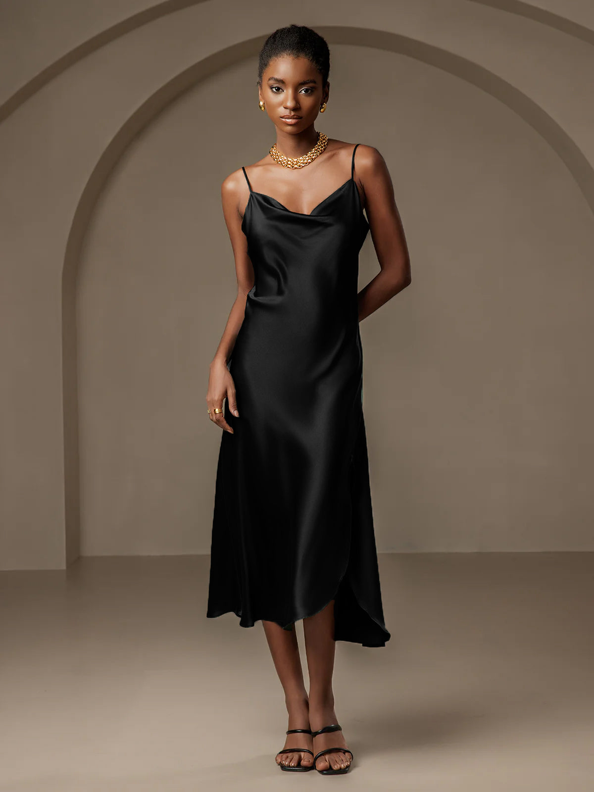 [Black] SilkSilky-UK 19Momme Pure Silk Cowl Neck Dress 001