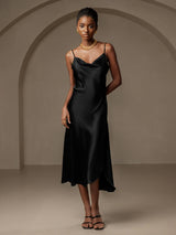 [Black] SilkSilky-UK Spaghetti Strap Cowl Neck Dress 001