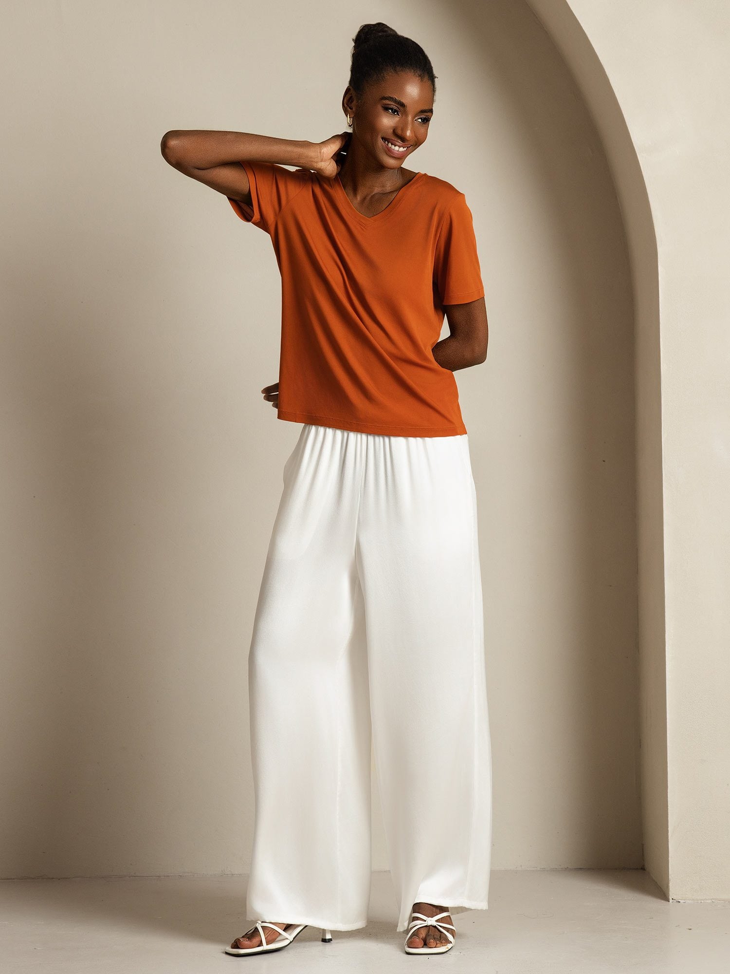 [Orange] SilkSilky-UK Pure Silk V Neck Women's T-Shirt 009