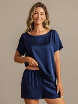 [Dark Blue] SilkSilky-UK 19Momme Machine-Washable Silk Short Sleeve Round Neck Women's Pyjamas 005