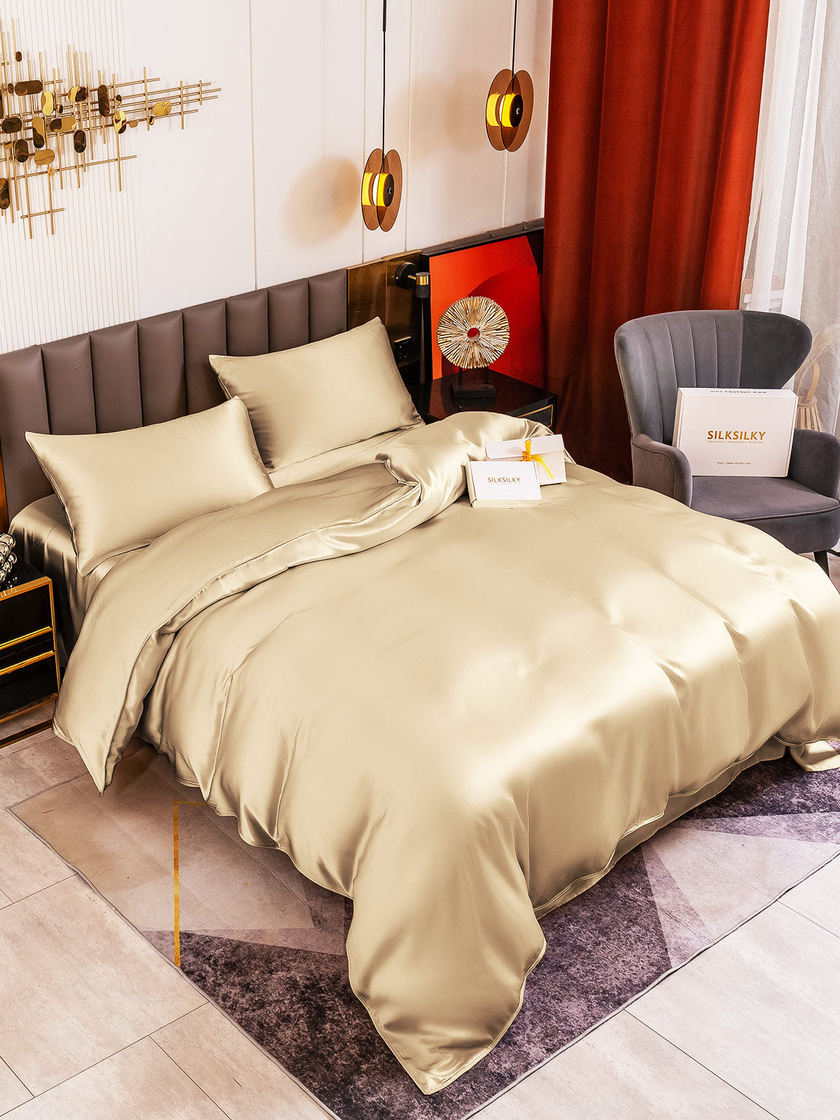 [Beige] SilkSilky-UK 19Momme Pure Silk Bedding Set 001