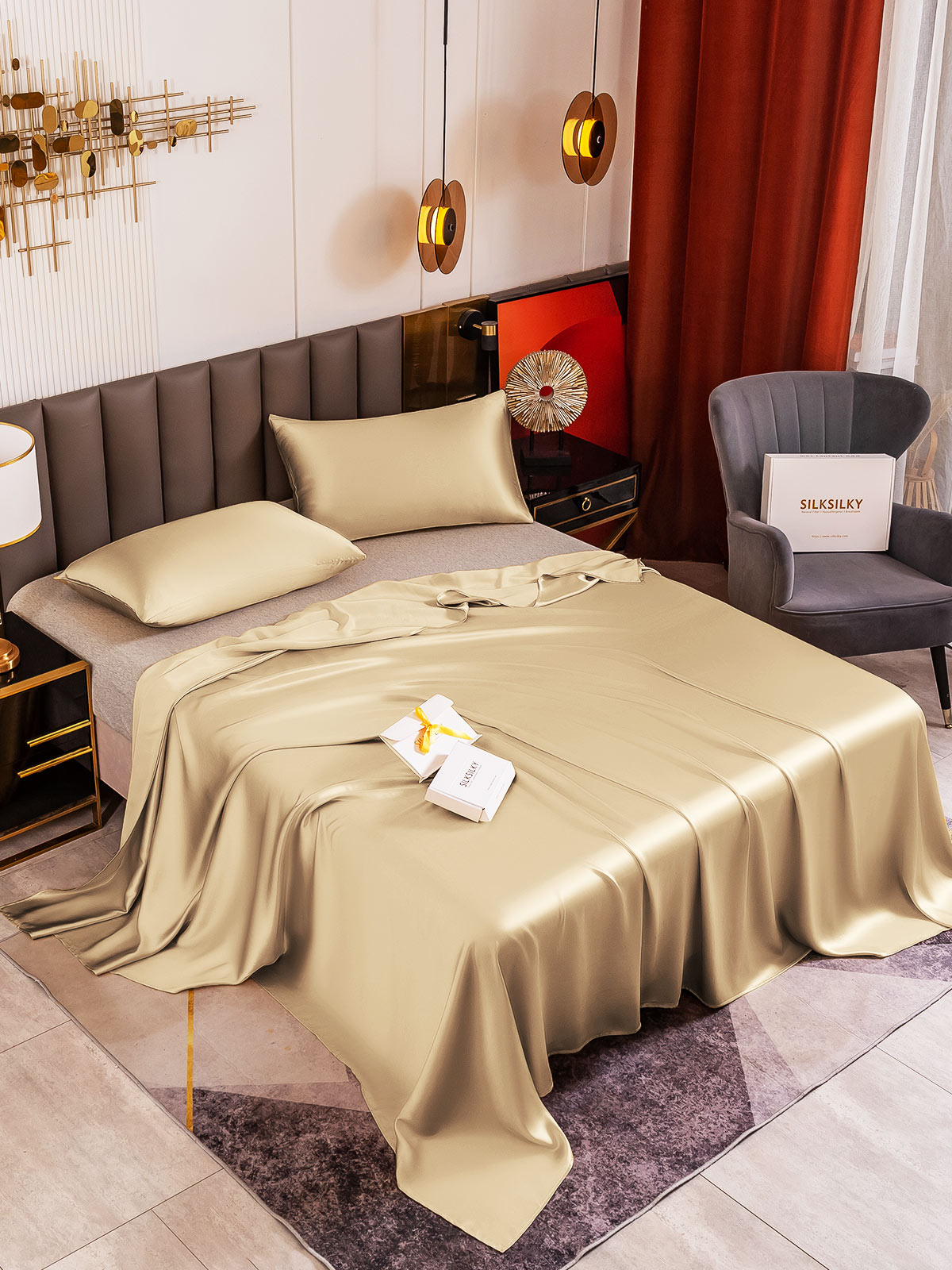 [Beige] SilkSilky-UK 19Momme Pure Silk Sheet 001