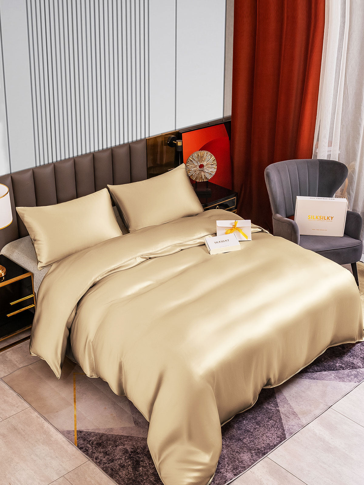 [Beige] SilkSilky-UK 22Momme Pure Silk Bedding Set 002