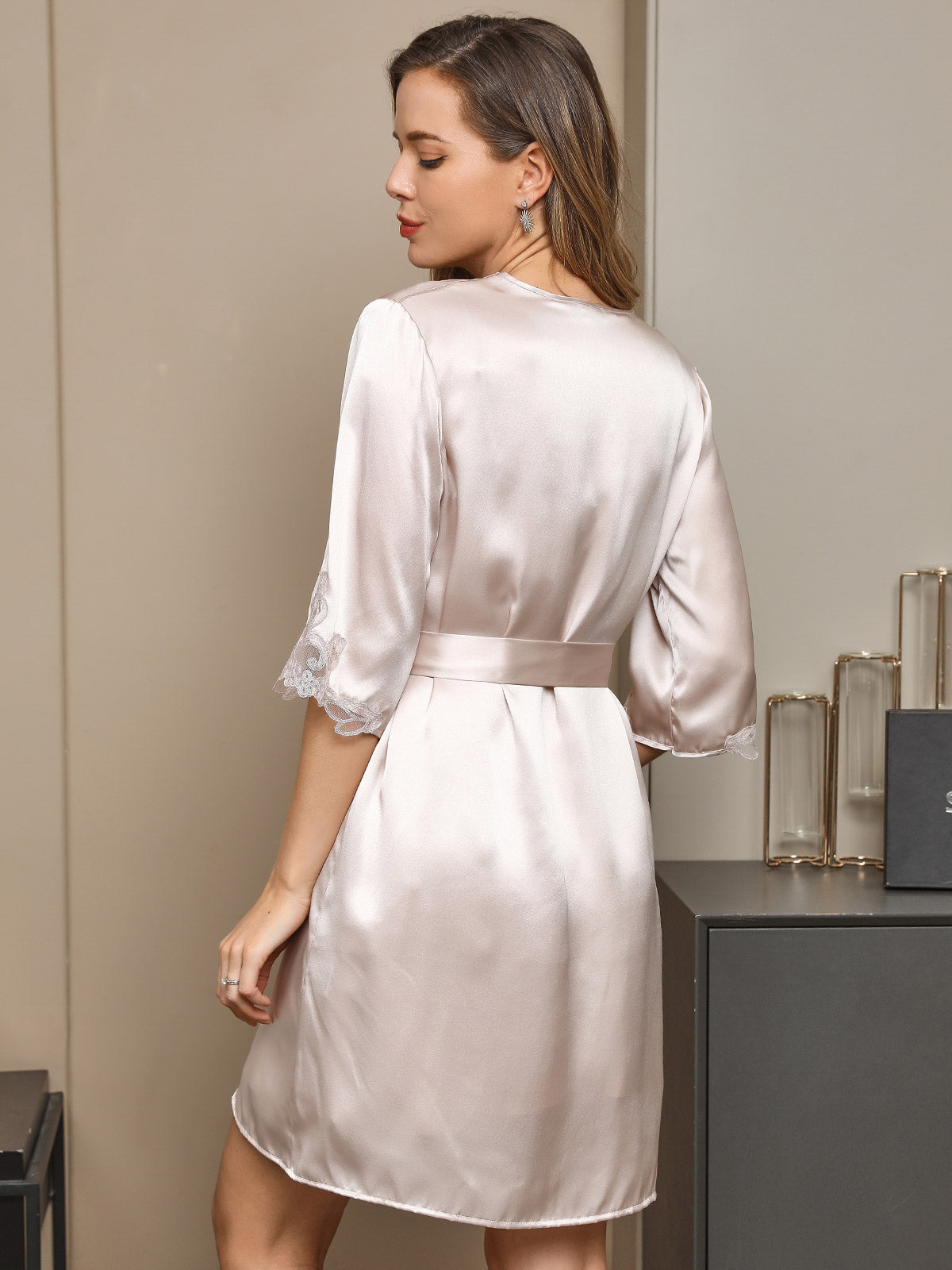 [Beige] SilkSilky-UK Pure Silk Half Sleeve Nightgown&Robe Set 002