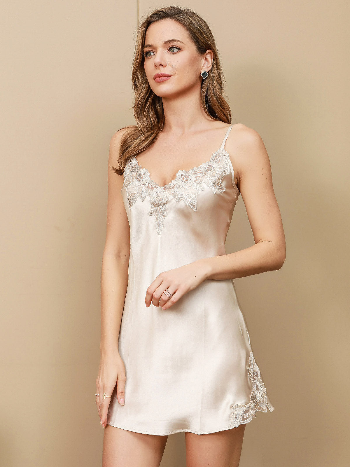 [Beige] SilkSilky-UK Pure Silk Sleeveless V Neck Nightdress 001