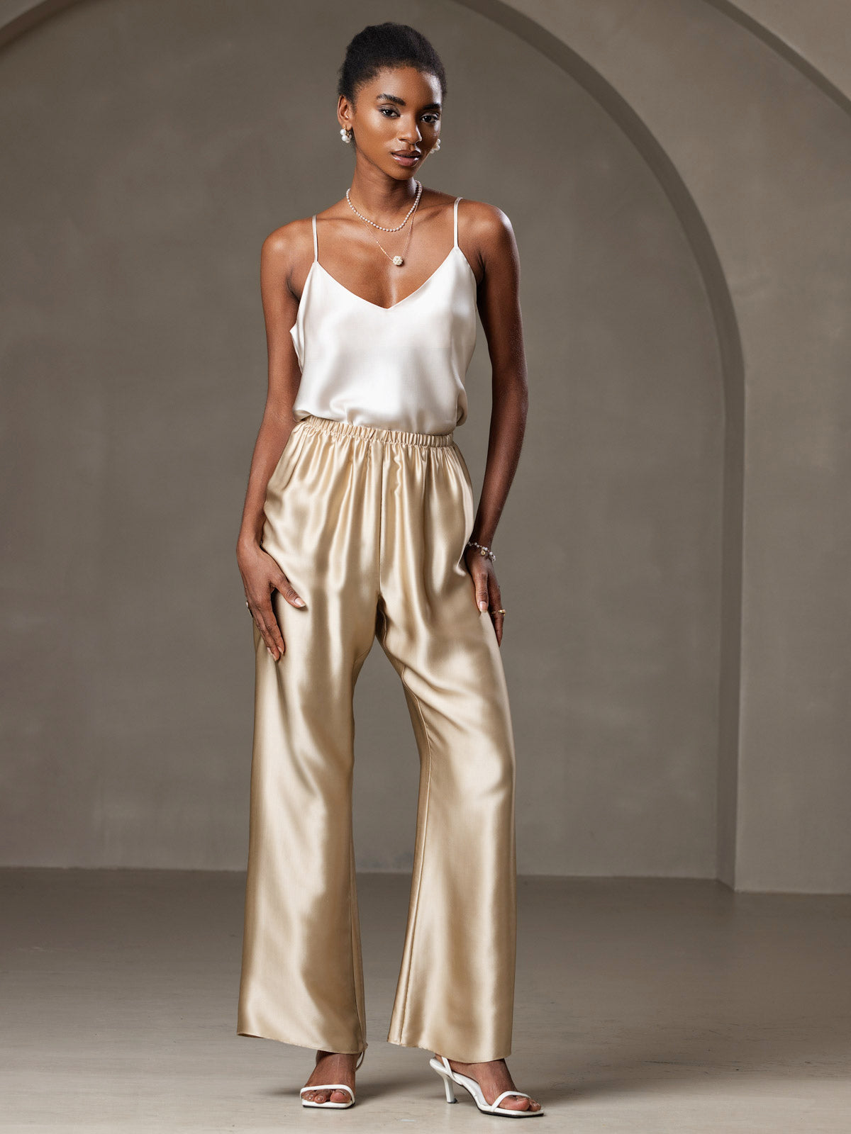 [Beige] SilkSilky-UK Pure Silk V Neck Camisole 005