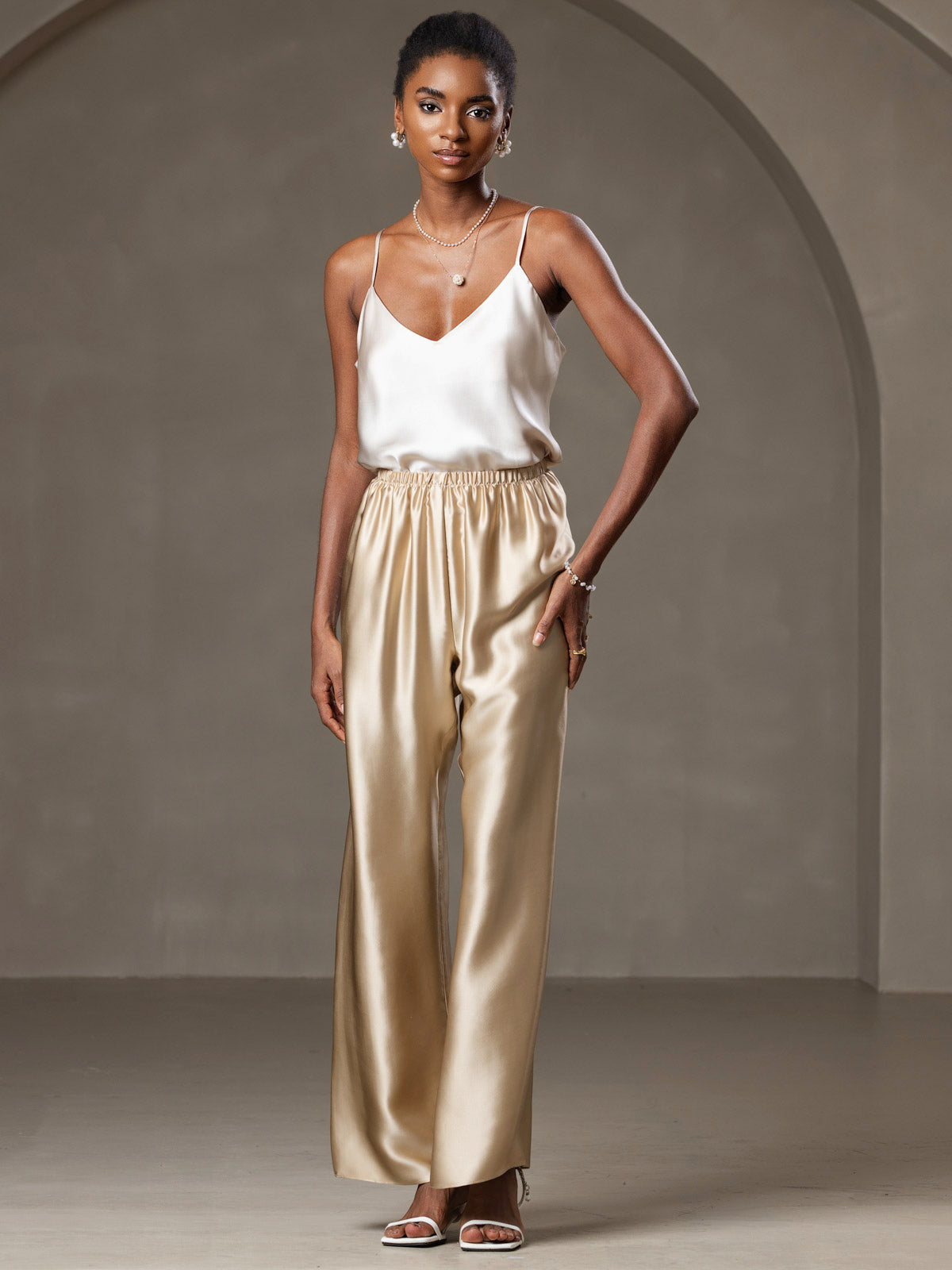 [Beige] SilkSilky-UK Pure Silk V Neck Camisole 006