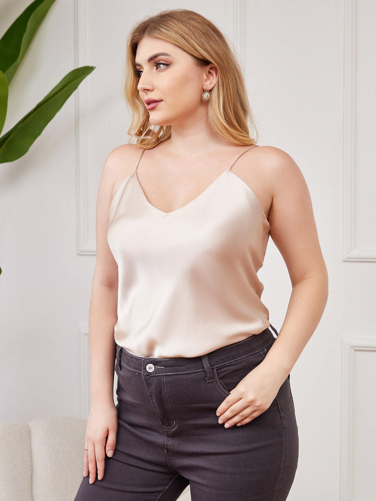 [Beige] SilkSilky-UK Pure Silk V Neck Plus Size Camisole Top 003
