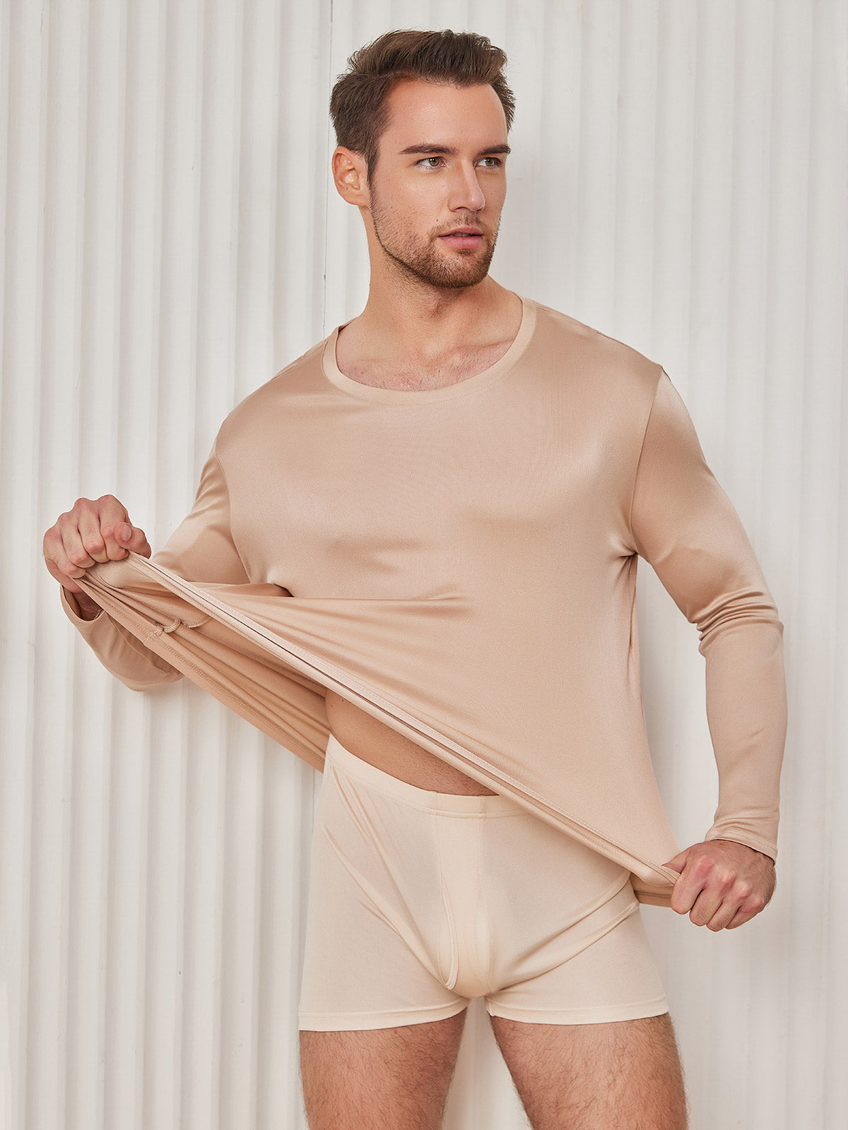 [Beige] SilkSilky-UK Silk Knitted Long Sleeve Round Neck Men's T-Shirt 001