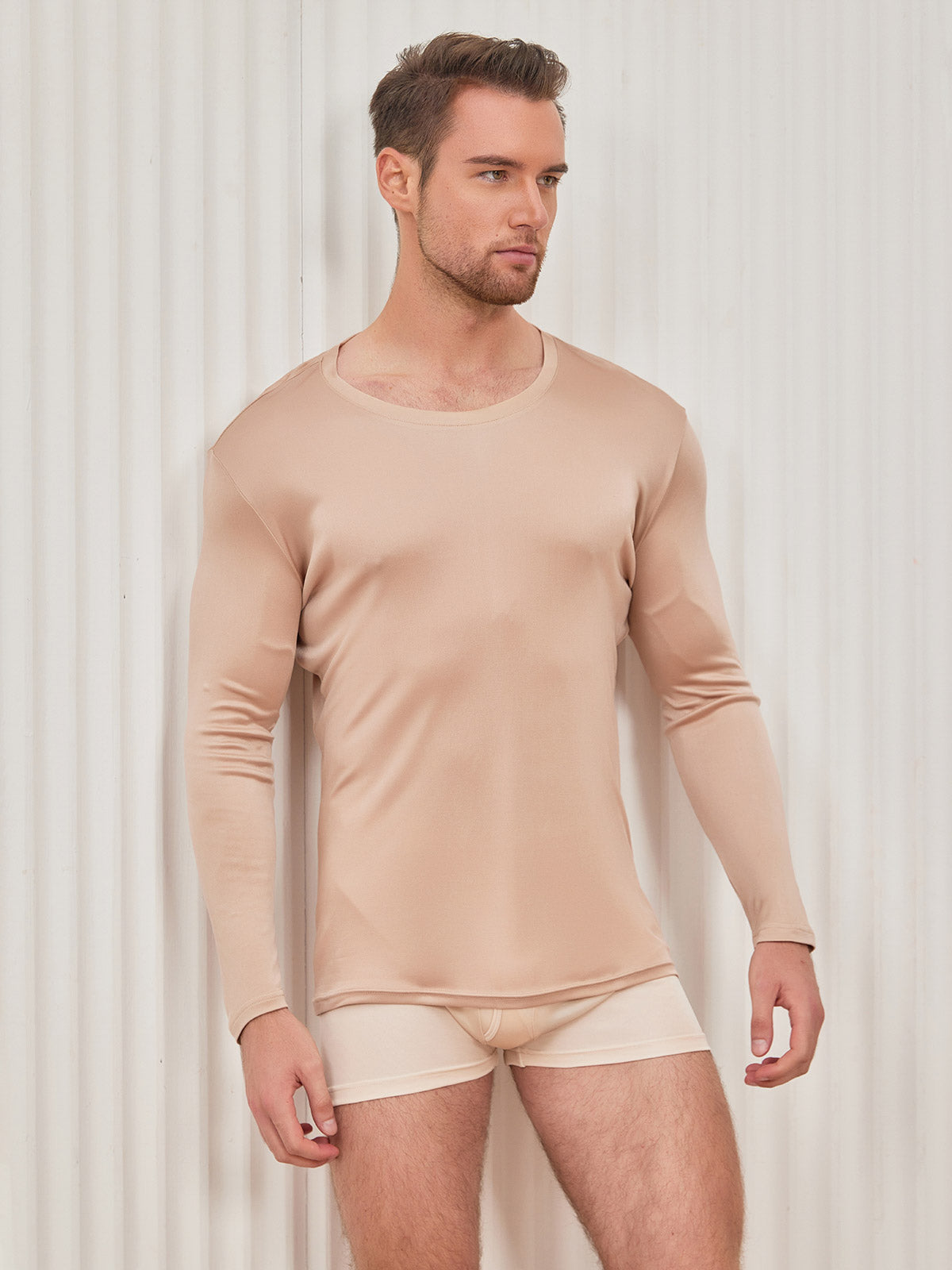 [Beige] SilkSilky-UK Silk Knitted Long Sleeve Round Neck Men's T-Shirt 004