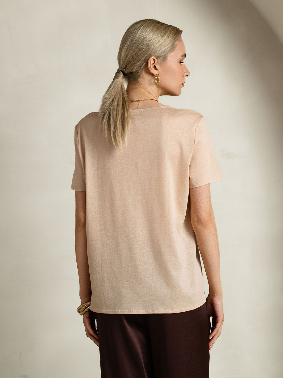 [Beige] SilkSilky-UK Silk Short Sleeve U Neck Women's T-Shirt 002