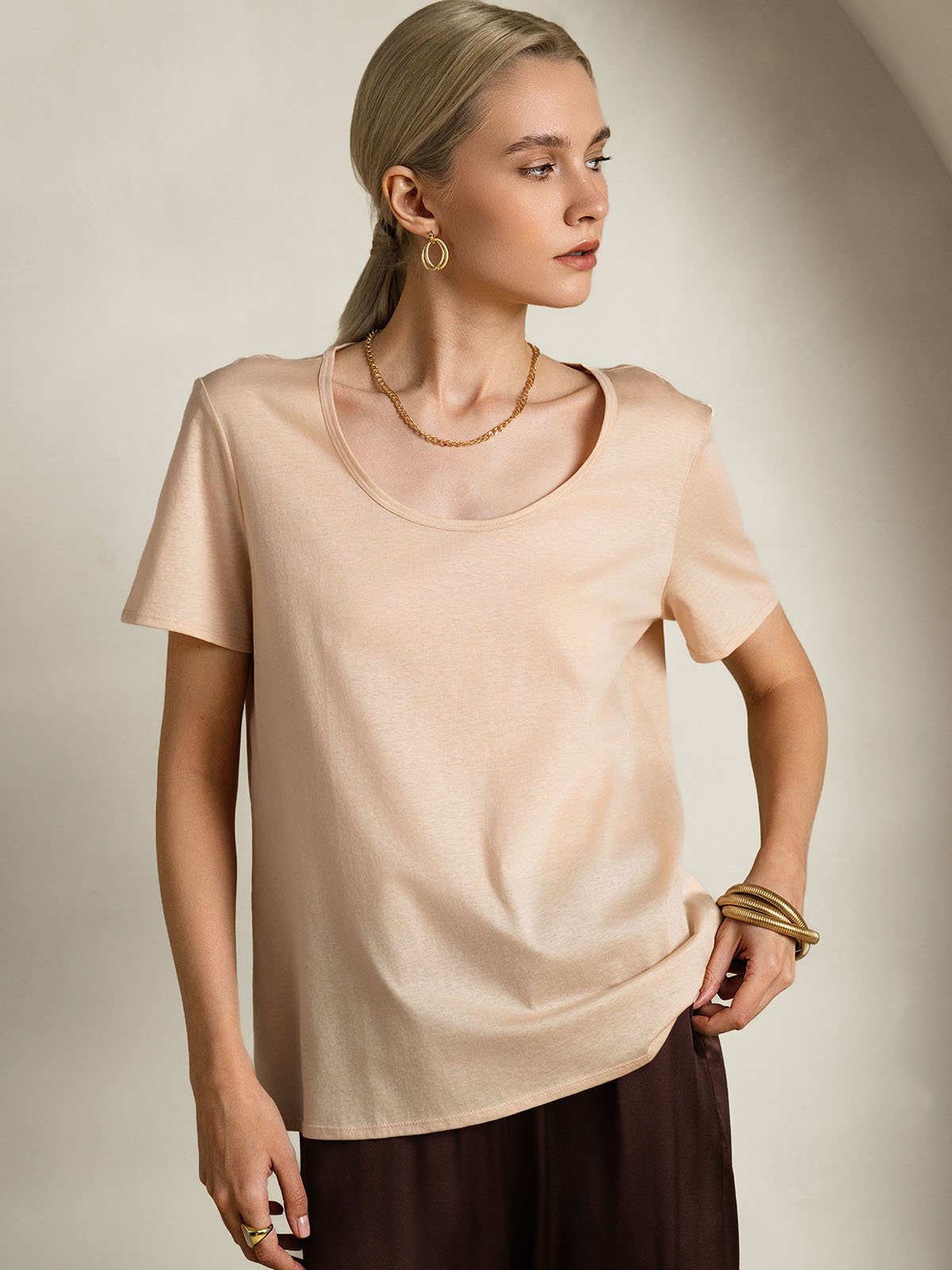 [Beige] SilkSilky-UK Silk Short Sleeve U Neck Women's T-Shirt 003