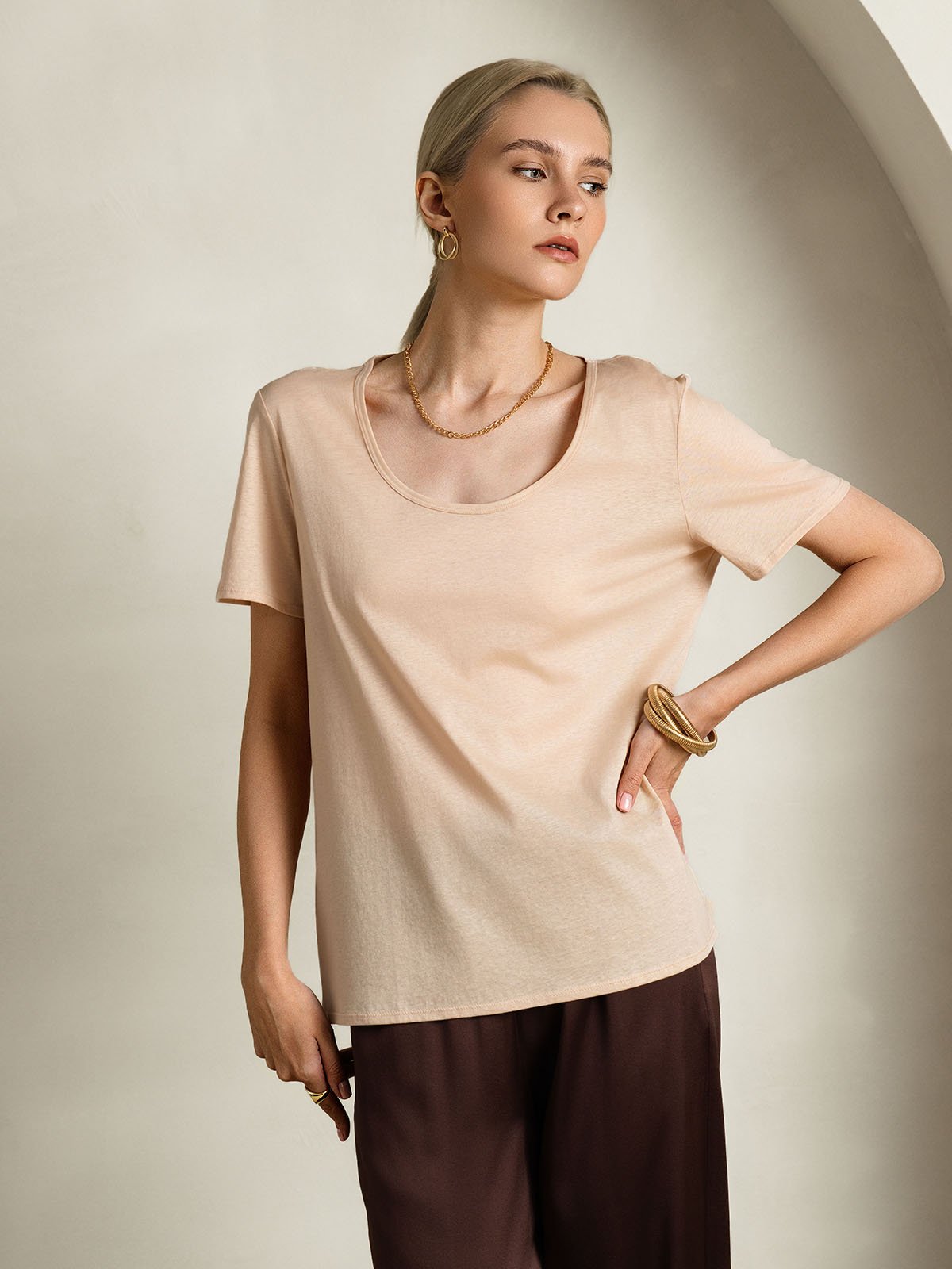 [Beige] SilkSilky-UK Silk Short Sleeve U Neck Women's T-Shirt 004