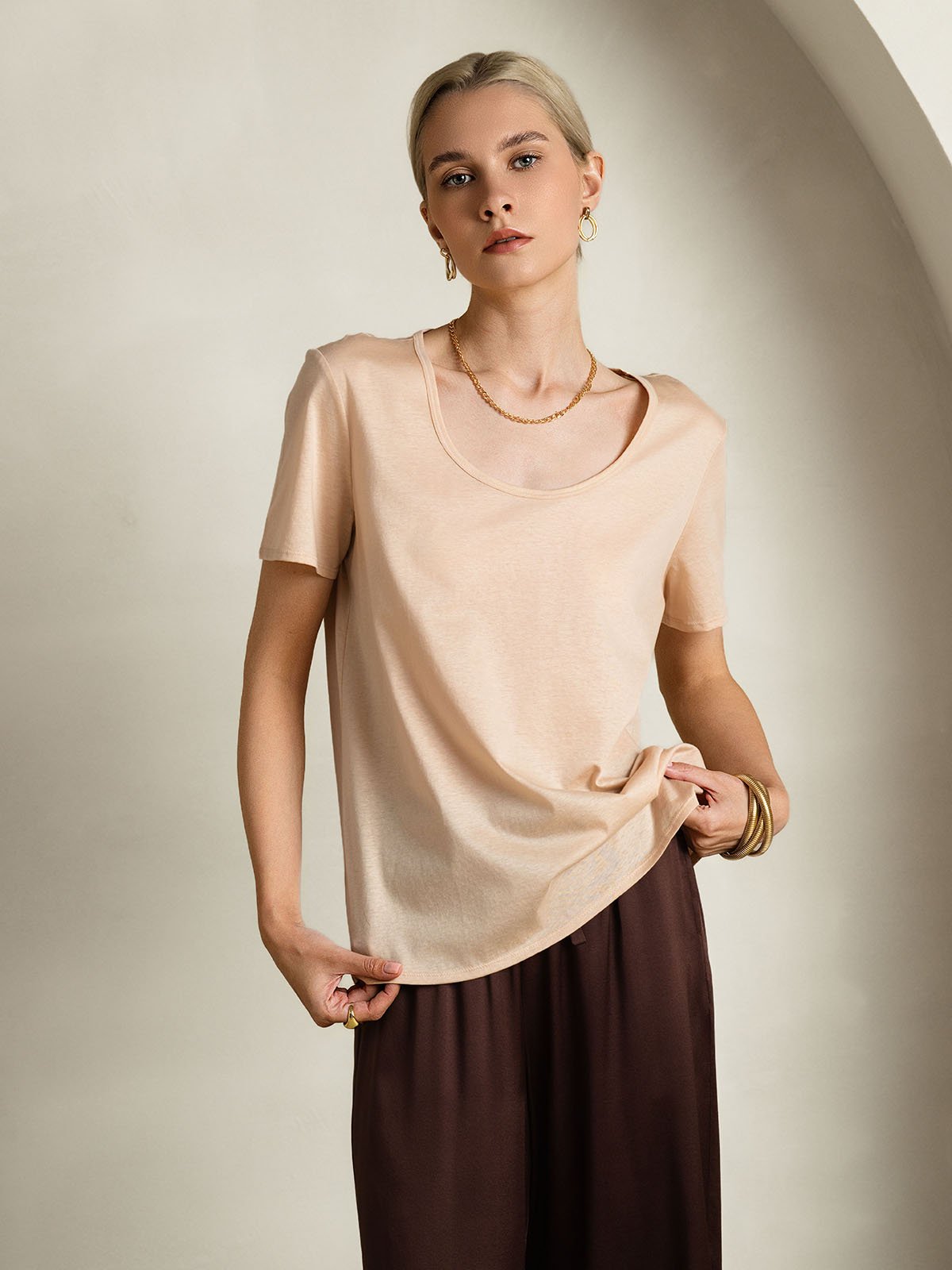 [Beige] SilkSilky-UK Silk Short Sleeve U Neck Women's T-Shirt 005