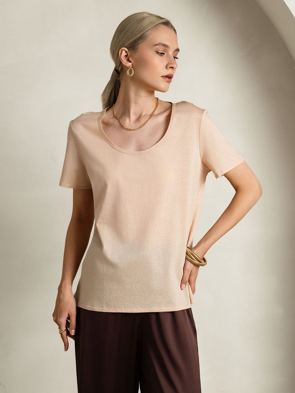 [Beige] SilkSilky-UK Silk Short Sleeve U Neck Women's T-Shirt 006