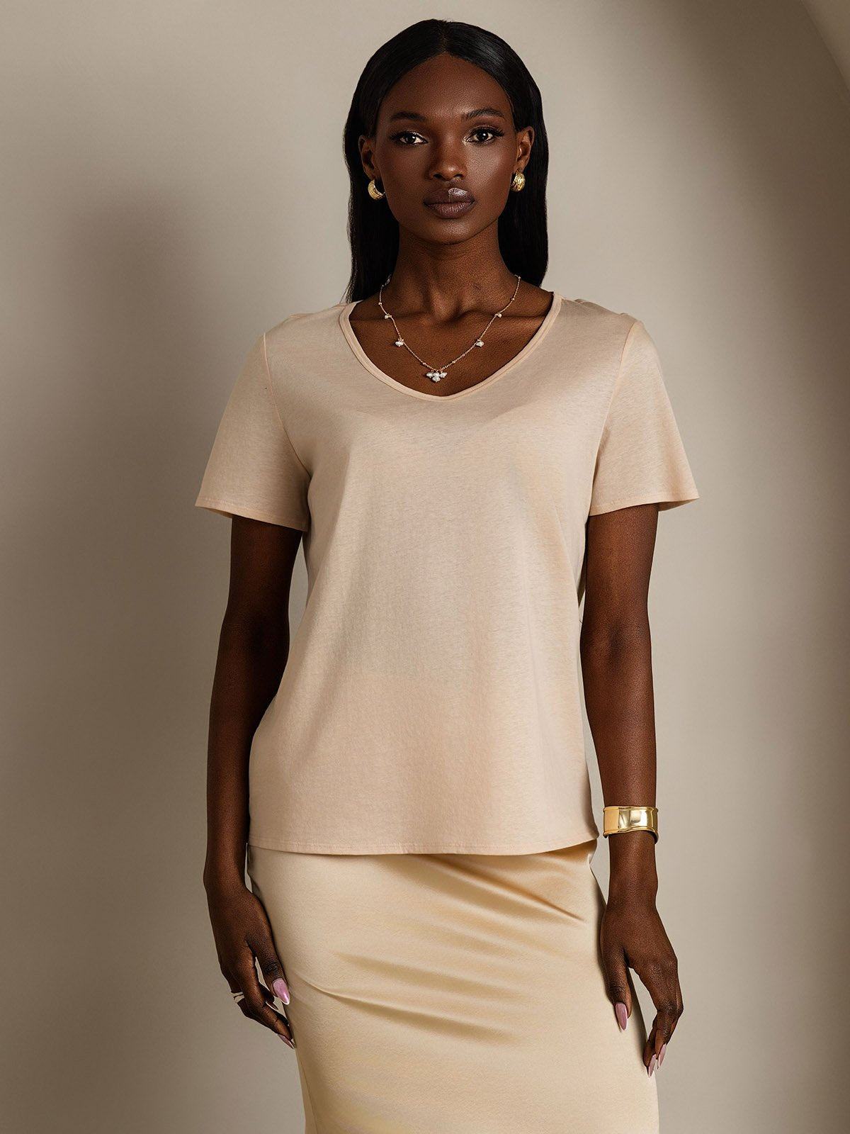 [Beige] SilkSilky-UK Silk Short Sleeve V Neck Women's T-Shirt 001