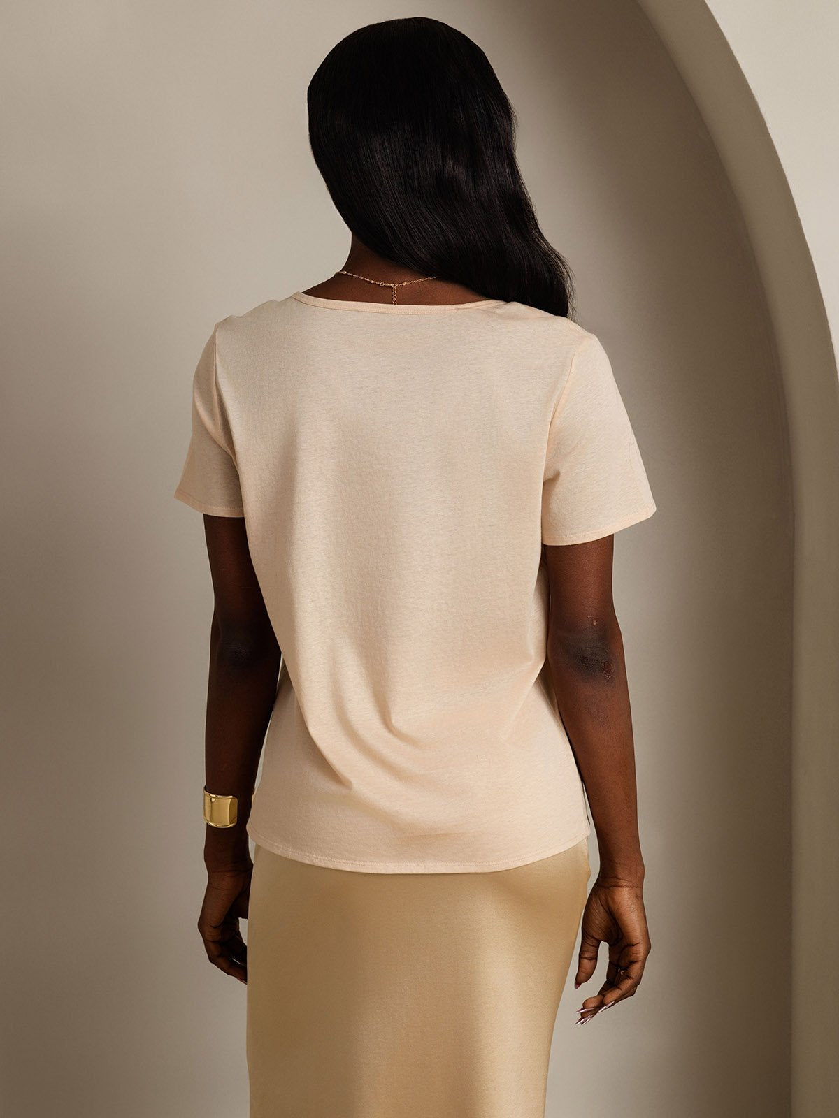 [Beige] SilkSilky-UK Silk Short Sleeve V Neck Women's T-Shirt 002