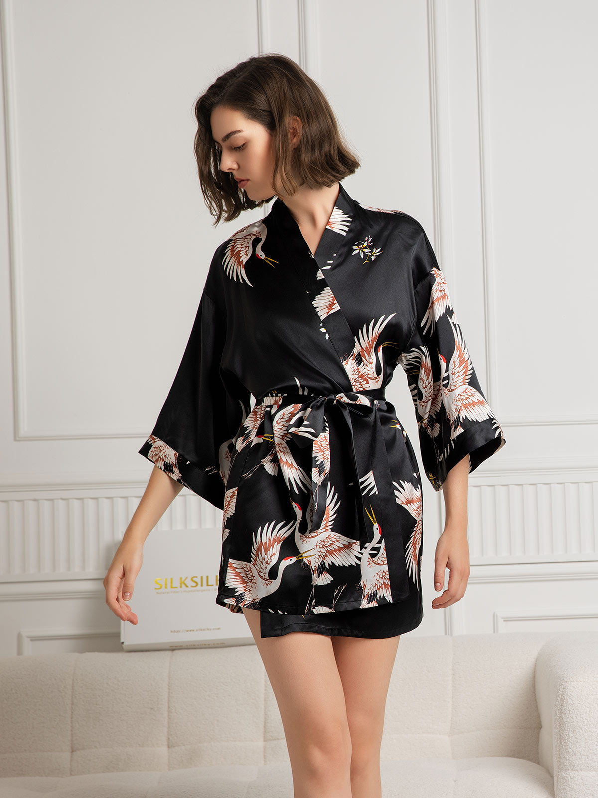 [Black] SilkSilky-UK 19Momme Pure Silk 3/4 Sleeve V Neck Women's Dressing Gown 001