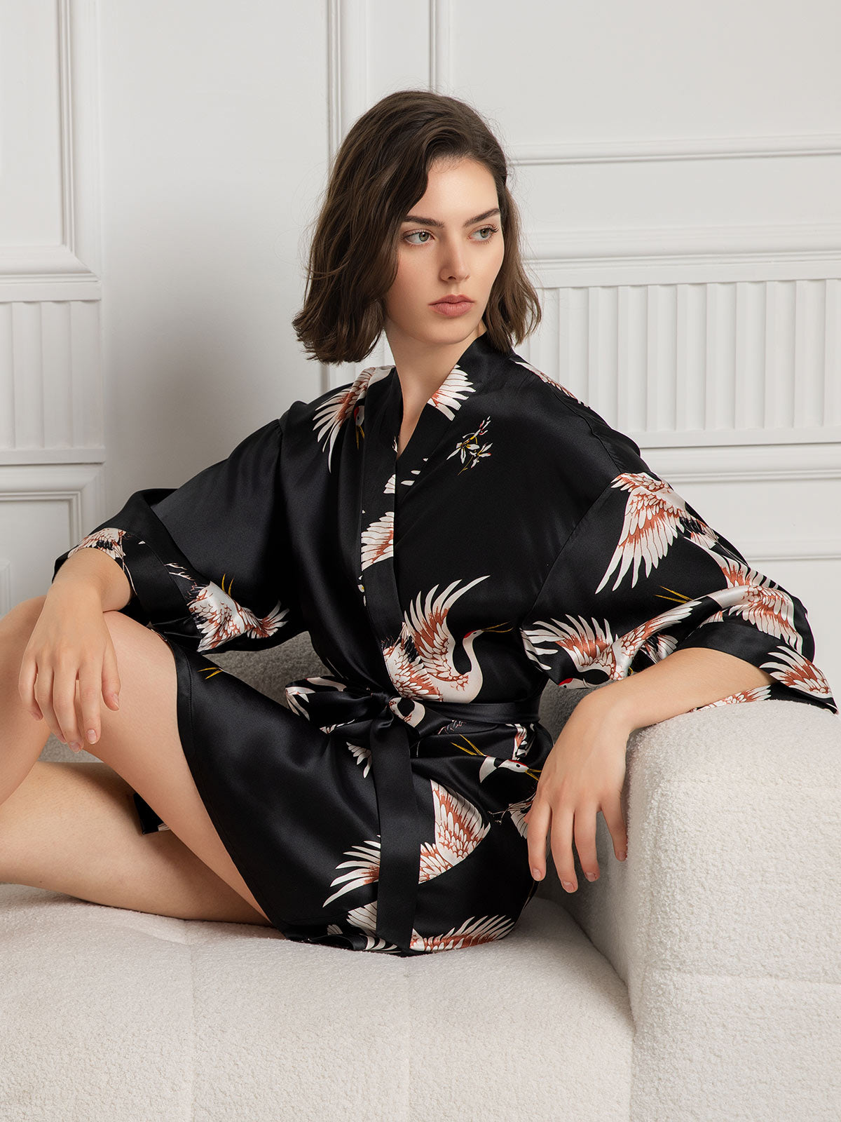 [Black] SilkSilky-UK 19Momme Pure Silk 3/4 Sleeve V Neck Women's Dressing Gown 004