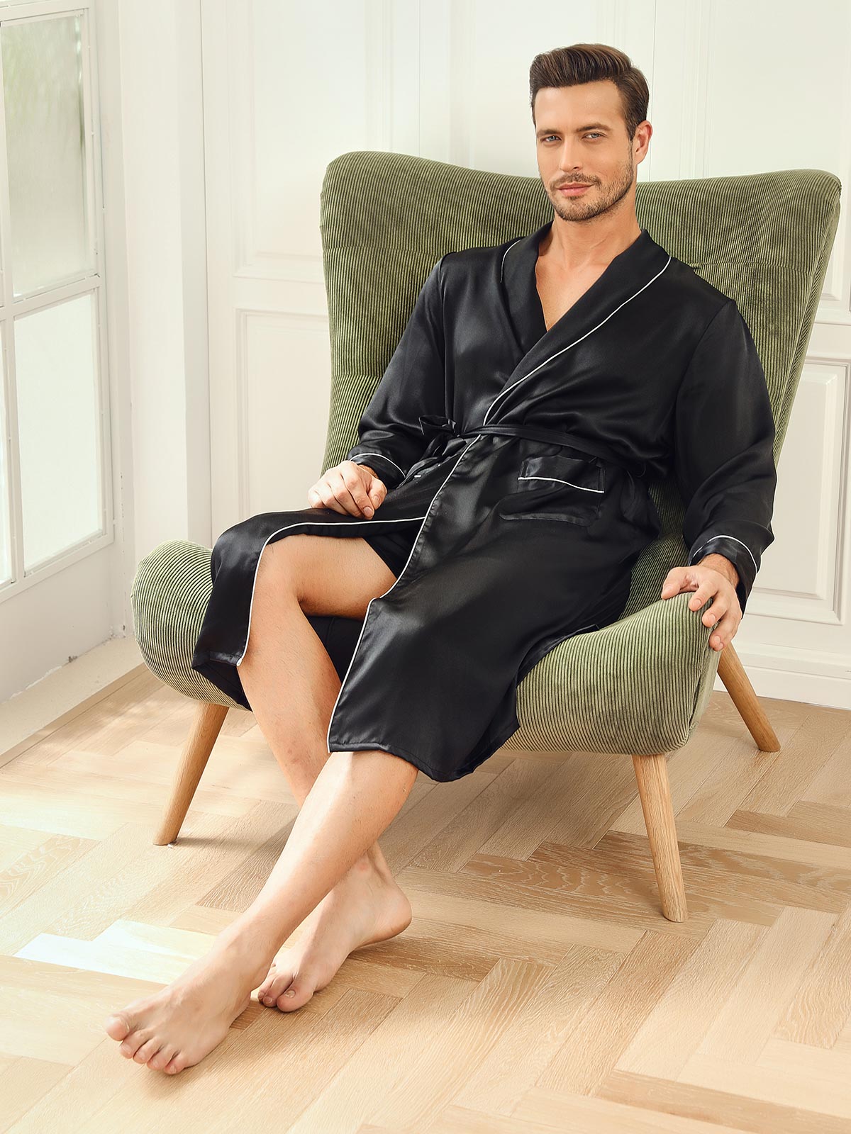 [Black] SilkSilky-UK 19Momme Pure Silk Long Sleeve Lapel Men's Dressing Gown 006