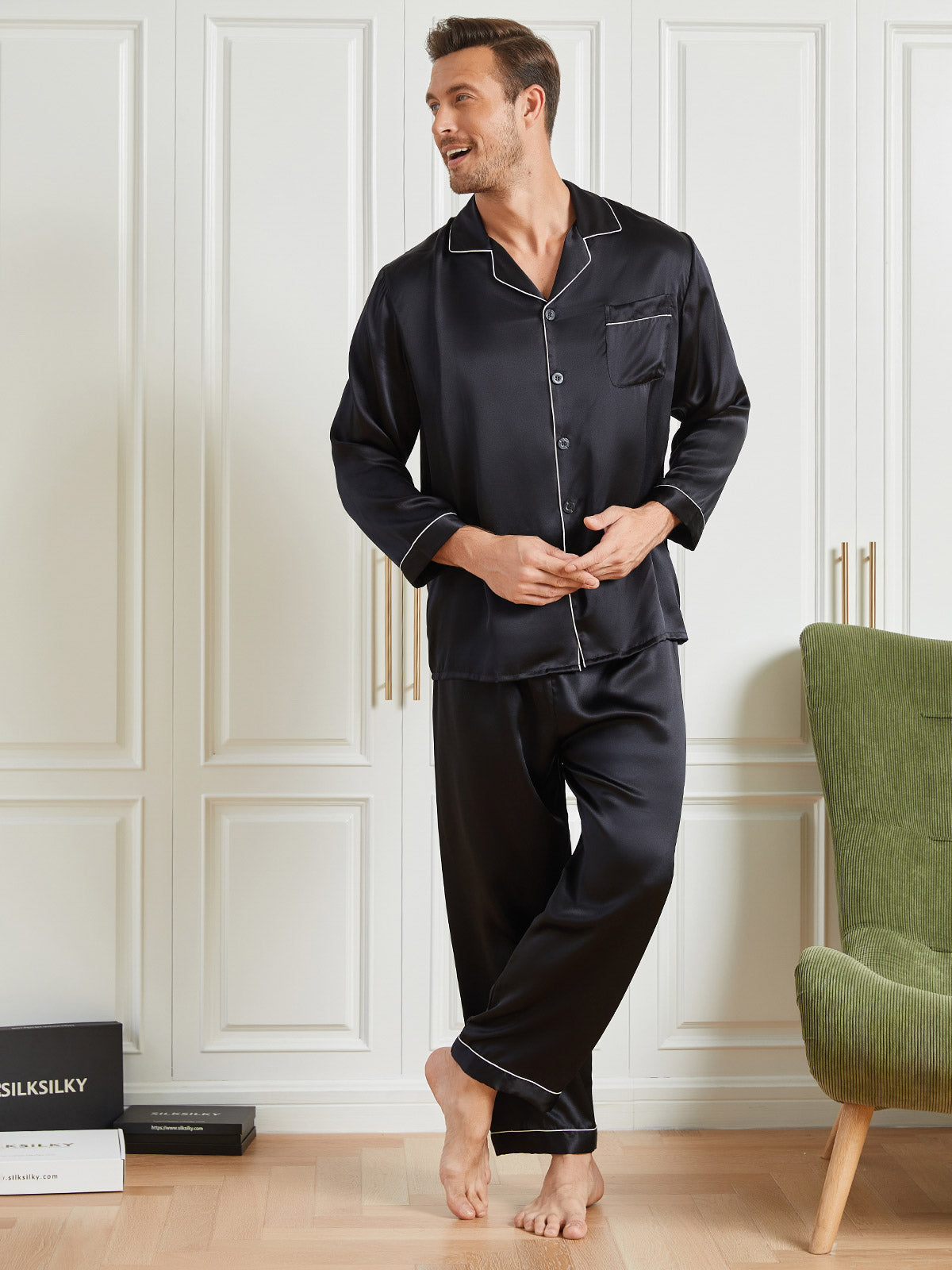 [Black] SilkSilky-UK 19Momme Pure Silk Long Sleeve Lapel Men's Pyjamas 001