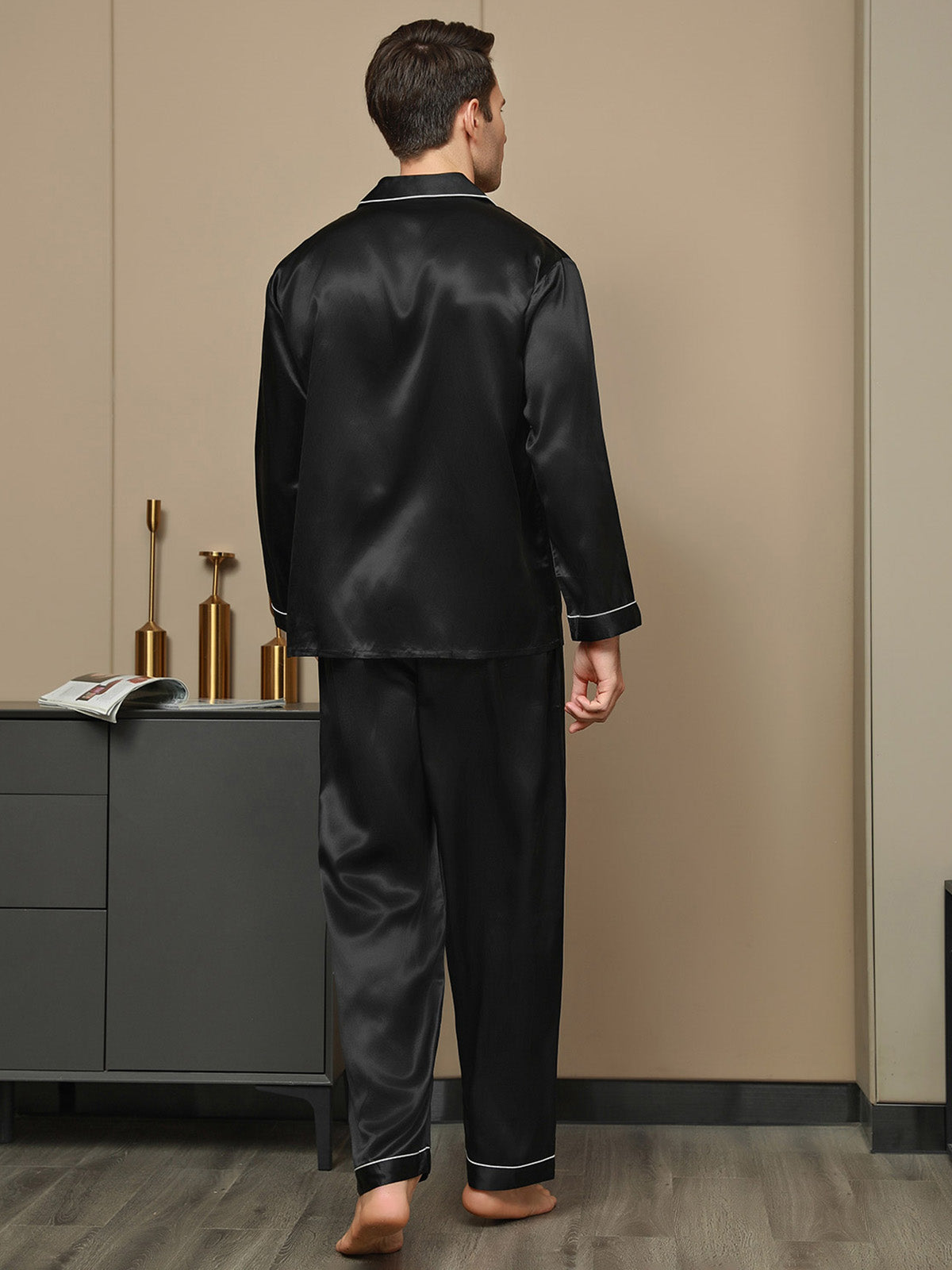 [Black] SilkSilky-UK 19Momme Pure Silk Long Sleeve Lapel Men's Pyjamas 002
