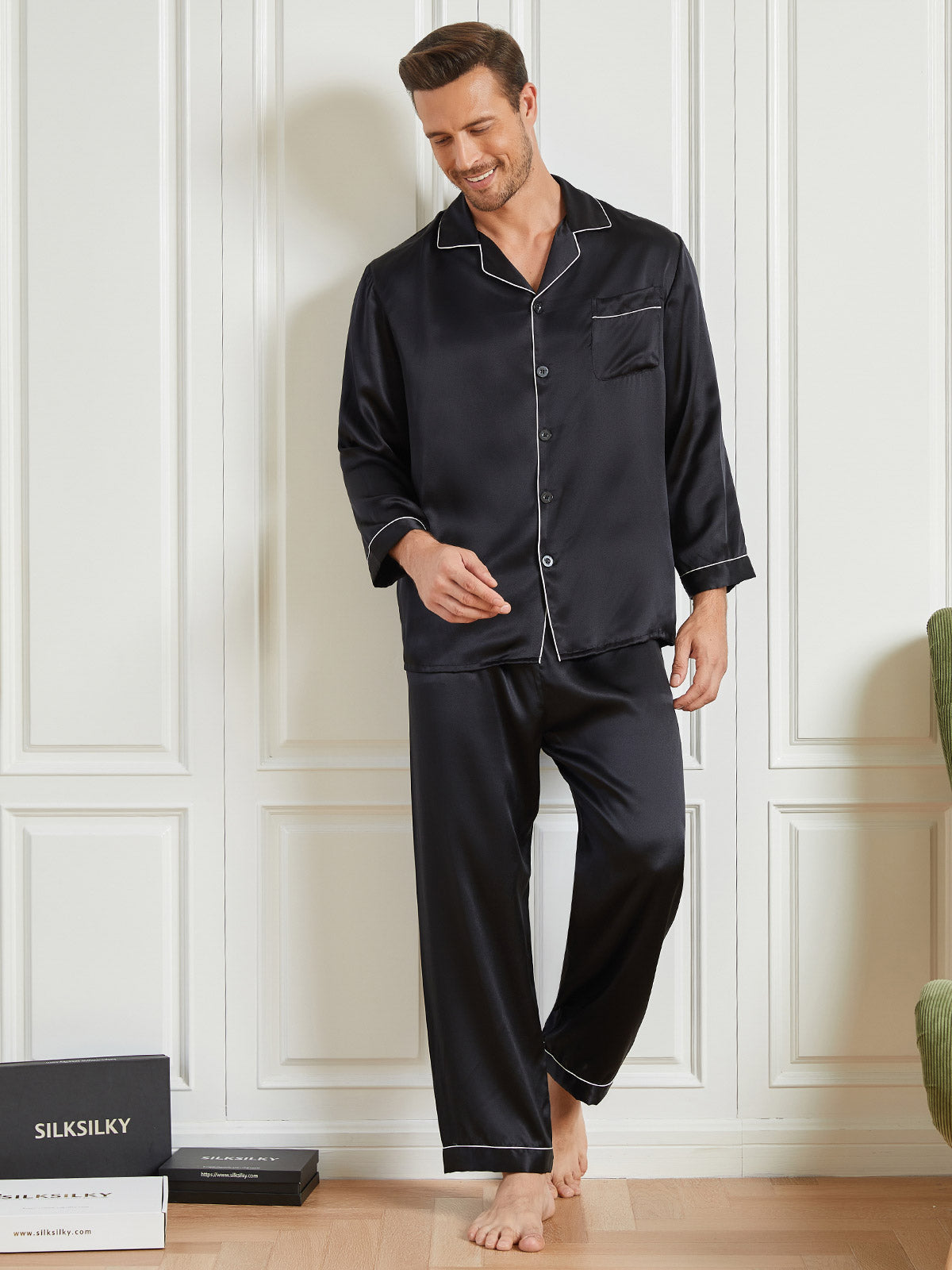 [Black] SilkSilky-UK 19Momme Pure Silk Long Sleeve Lapel Men's Pyjamas 003