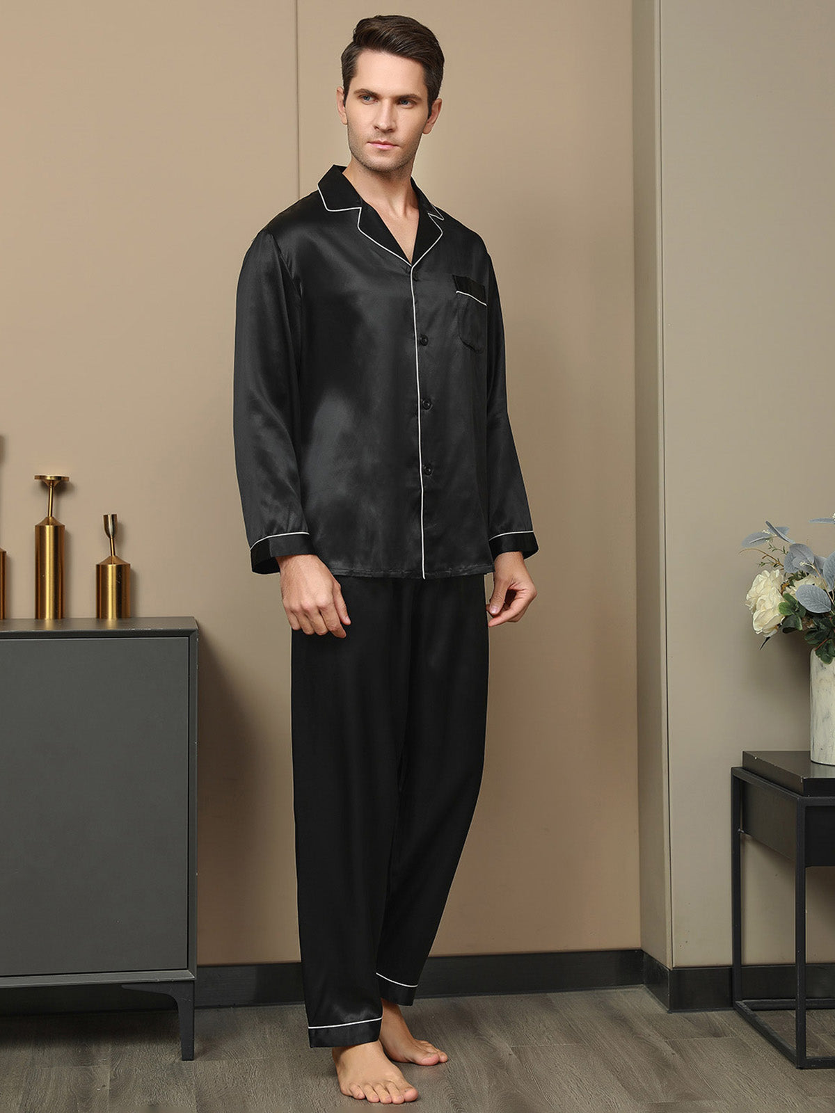 [Black] SilkSilky-UK 19Momme Pure Silk Long Sleeve Lapel Men's Pyjamas 003