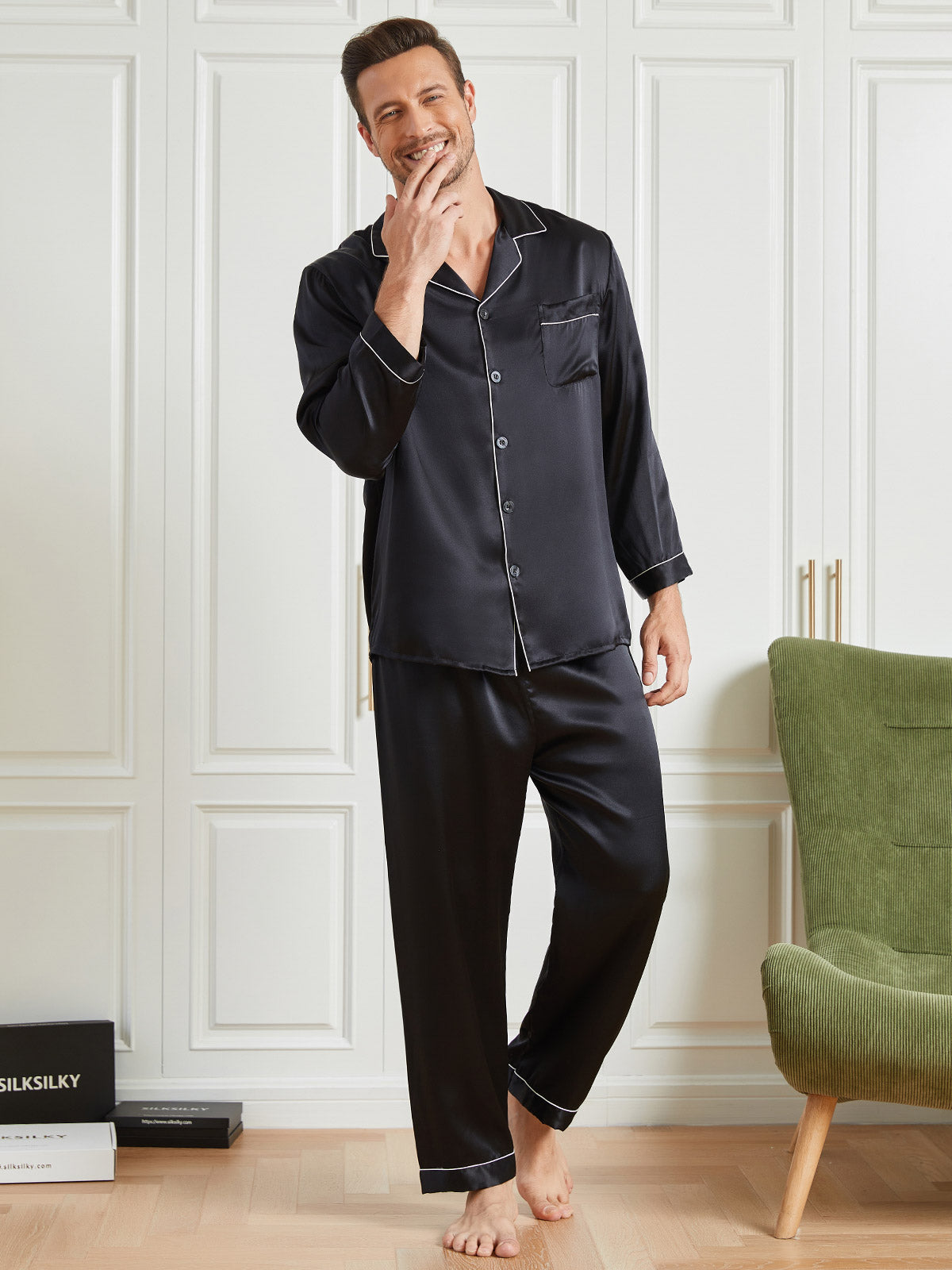 [Black] SilkSilky-UK 19Momme Pure Silk Long Sleeve Lapel Men's Pyjamas 004