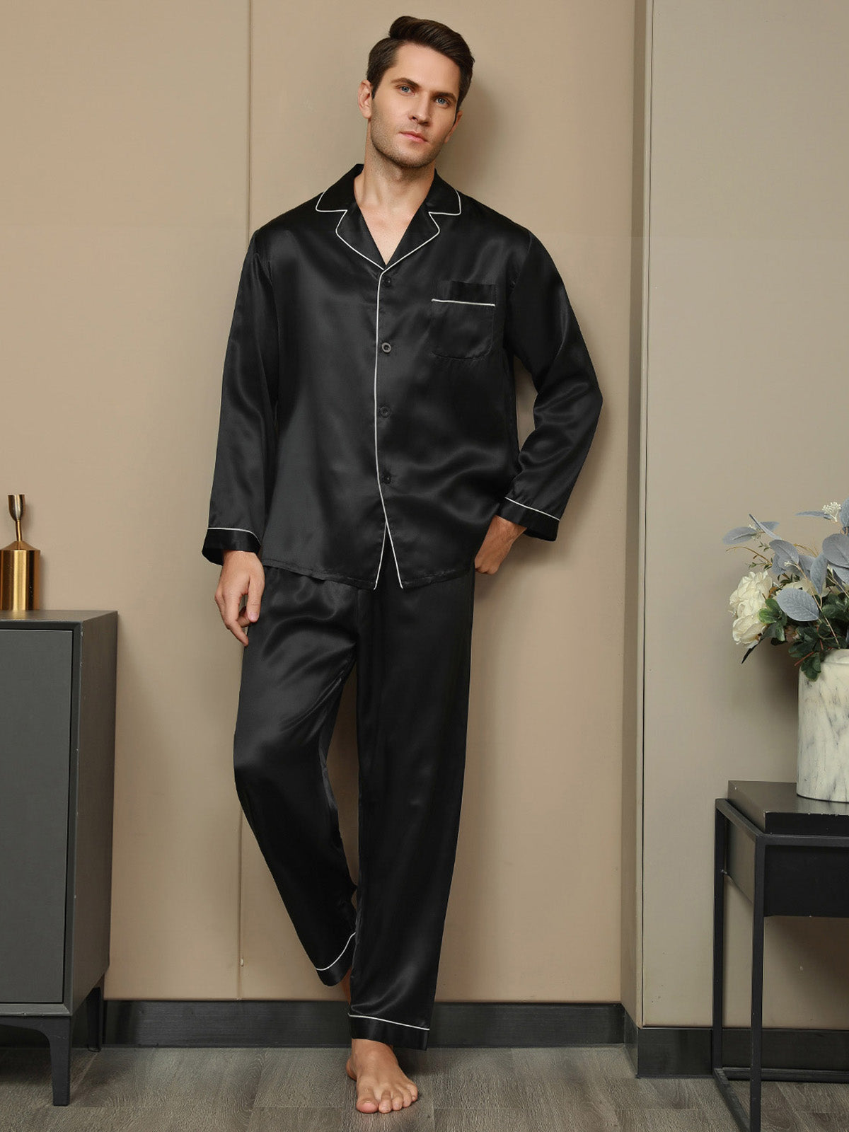 [Black] SilkSilky-UK 19Momme Pure Silk Long Sleeve Lapel Men's Pyjamas 004