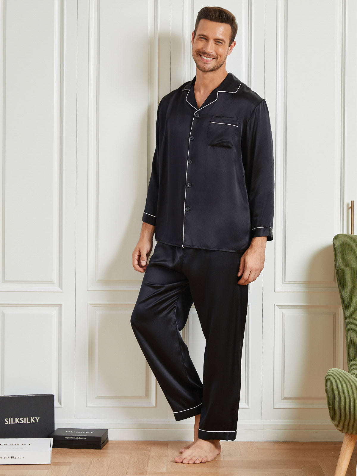 [Black] SilkSilky-UK 19Momme Pure Silk Long Sleeve Lapel Men's Pyjamas 005