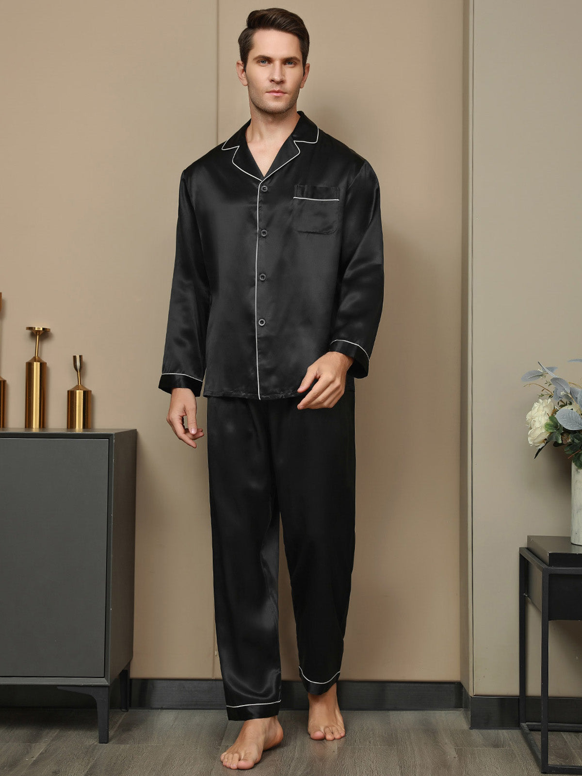 [Black] SilkSilky-UK 19Momme Pure Silk Long Sleeve Lapel Men's Pyjamas 006