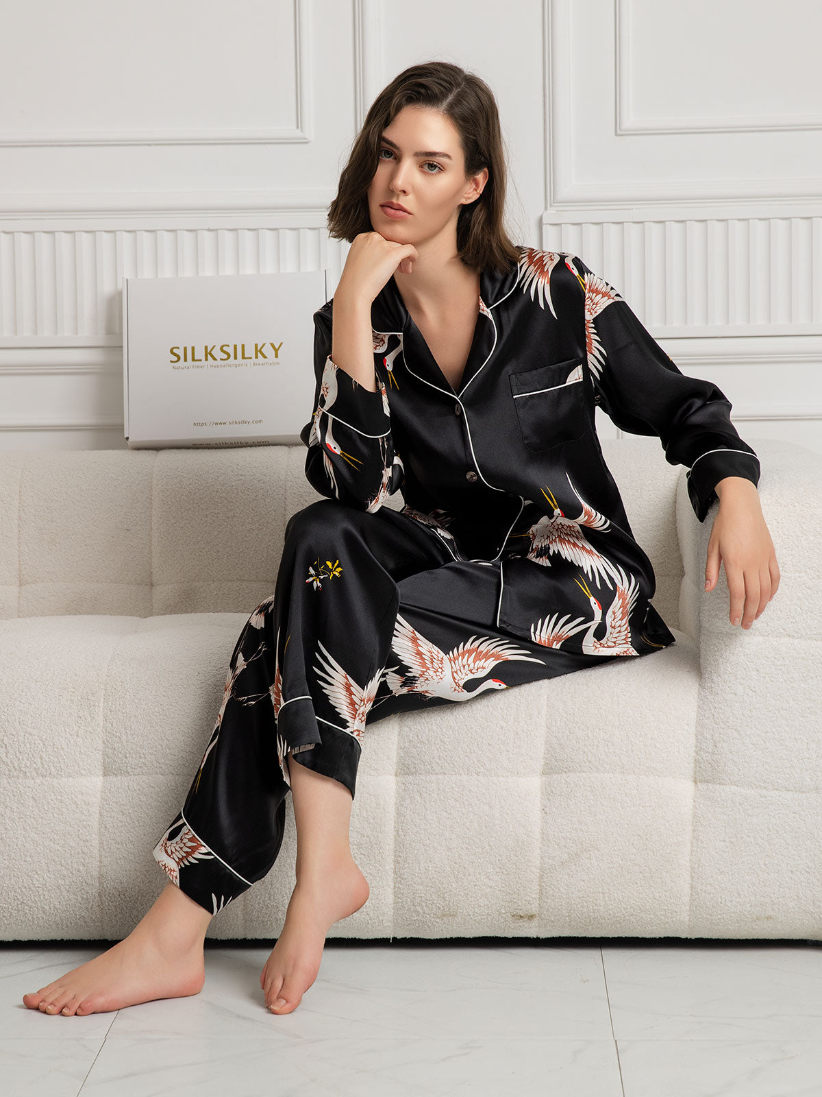 [Black] SilkSilky-UK 19Momme Pure Silk Long Sleeve Lapel Women's Pyjamas 001