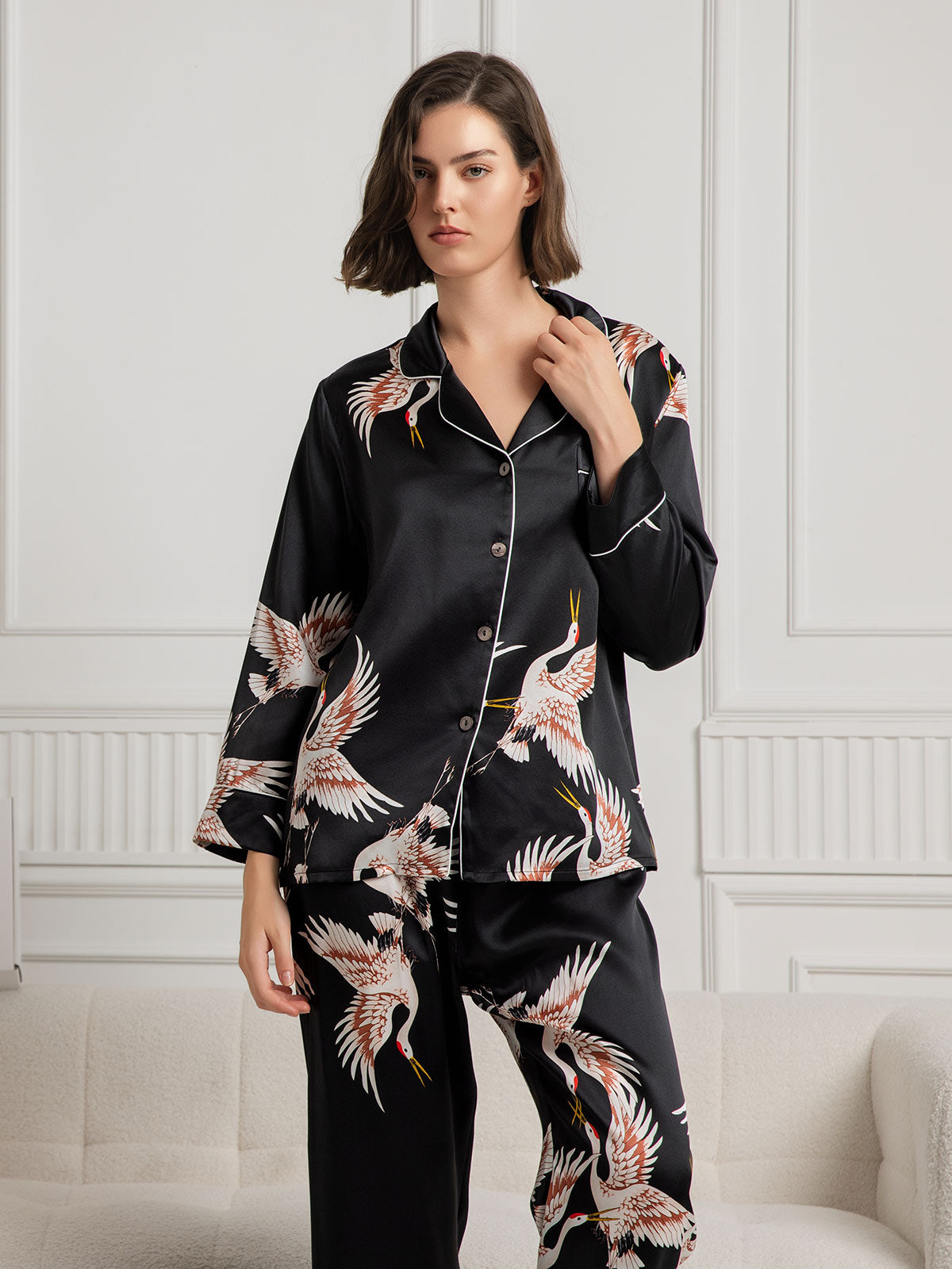 [Black] SilkSilky-UK 19Momme Pure Silk Long Sleeve Lapel Women's Pyjamas 003
