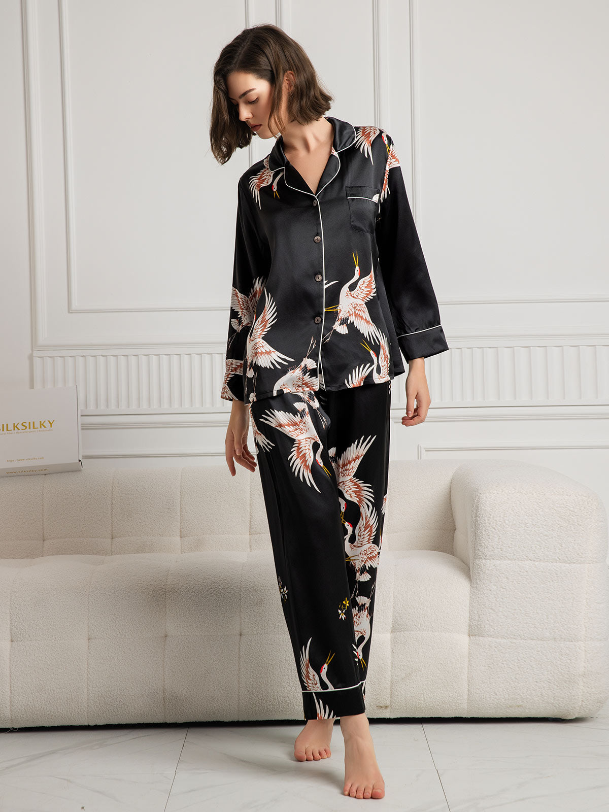 [Black] SilkSilky-UK 19Momme Pure Silk Long Sleeve Lapel Women's Pyjamas 004