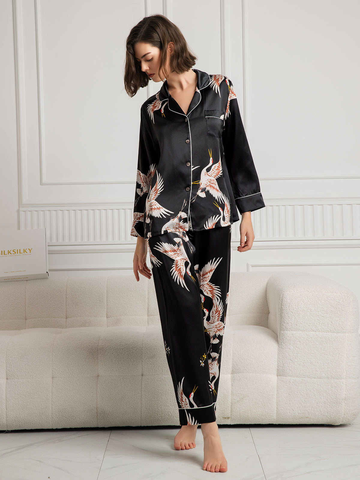 [Black] SilkSilky-UK 19Momme Pure Silk Long Sleeve Lapel Women's Pyjamas 004