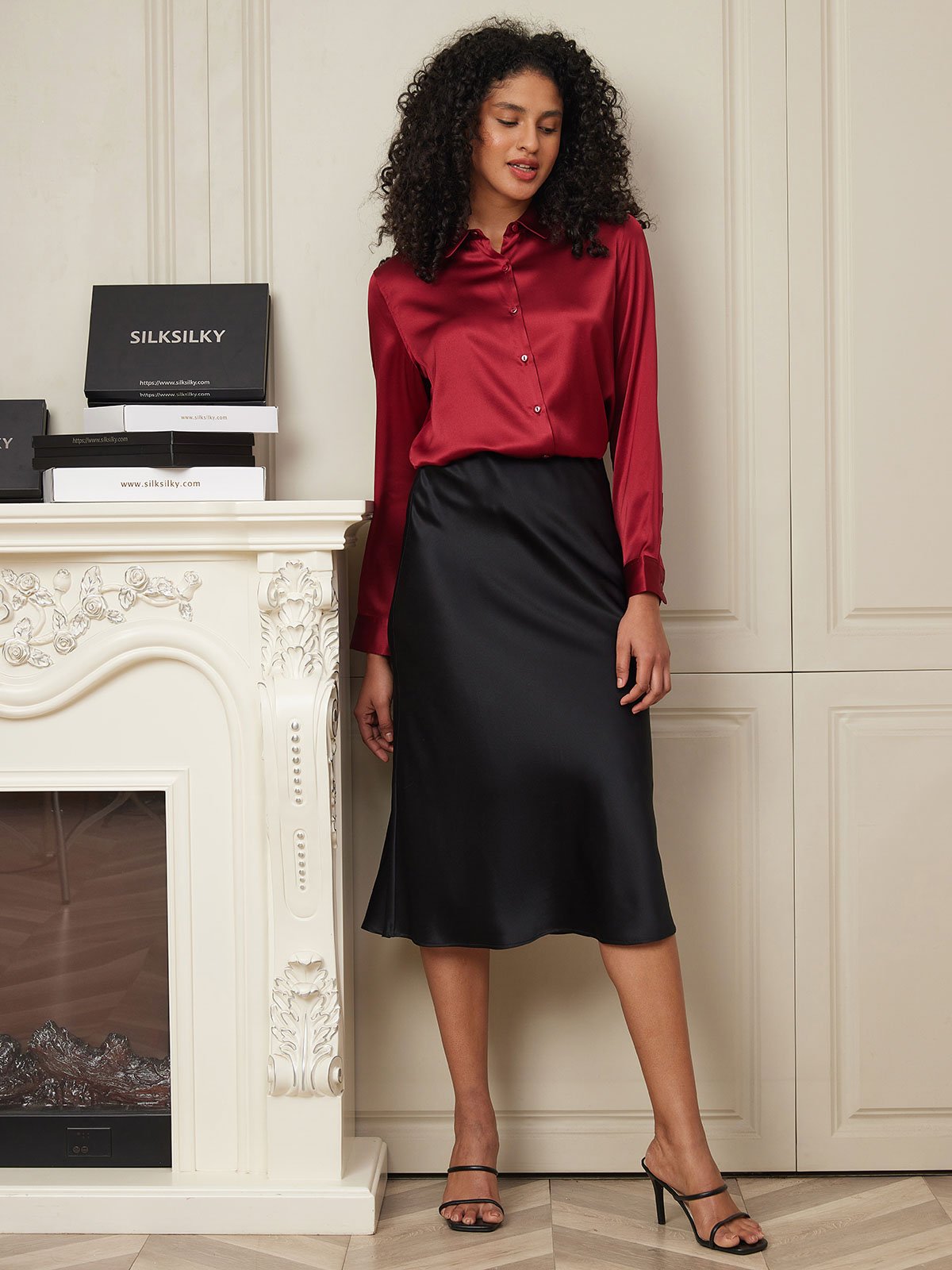 [Black] SilkSilky-UK 19Momme Pure Silk Skirt 004