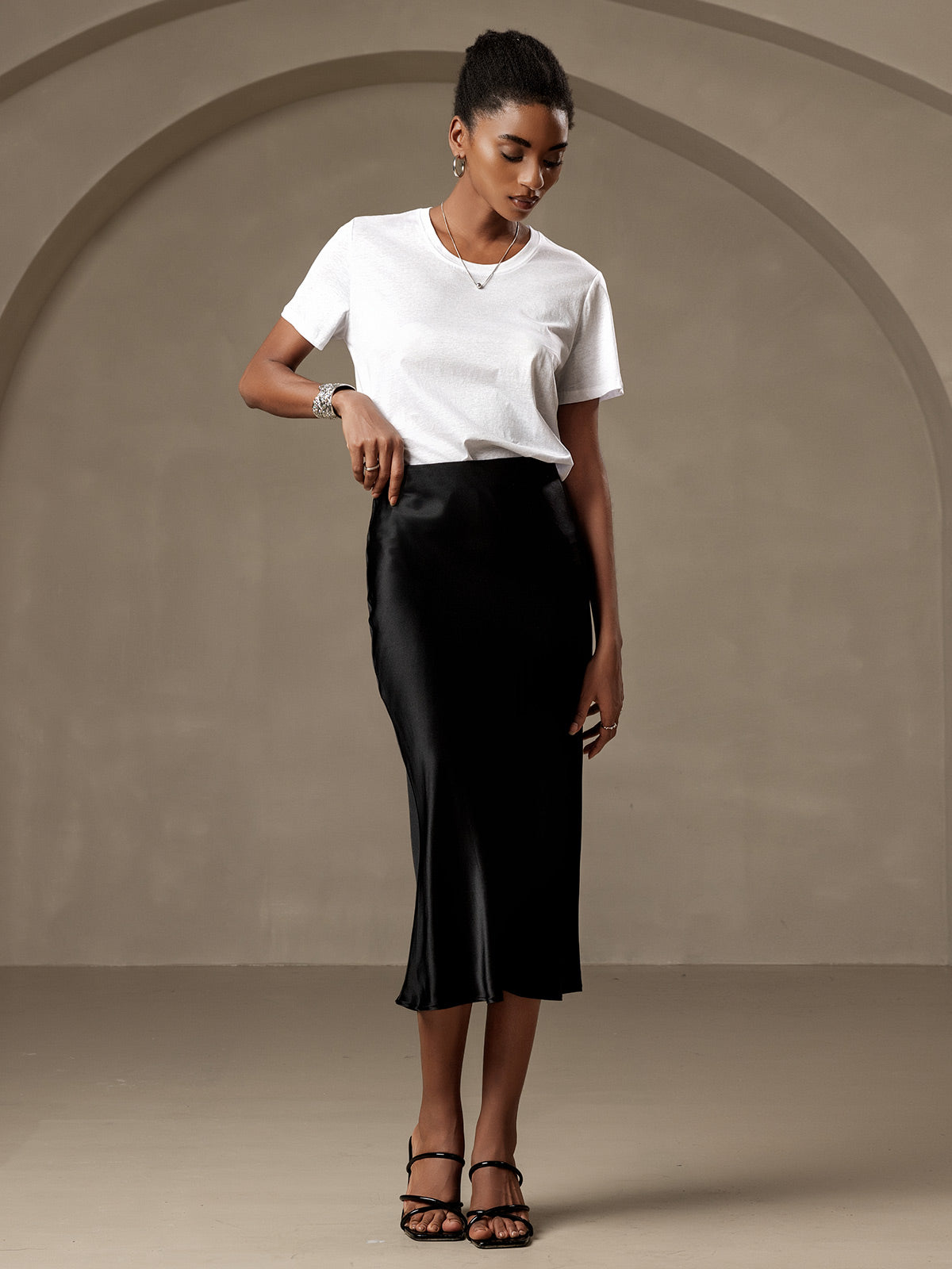 [Black] SilkSilky-UK 19Momme Pure Silk Skirt 004