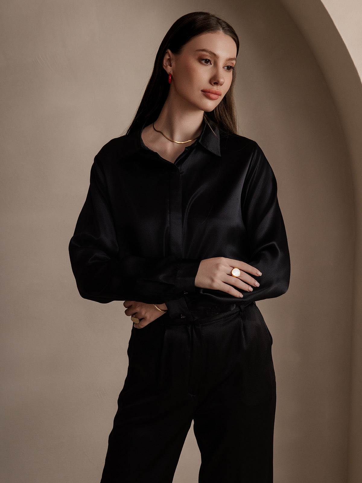 [Black] SilkSilky-UK 19Momme Silk Collar Women's Shirt 003