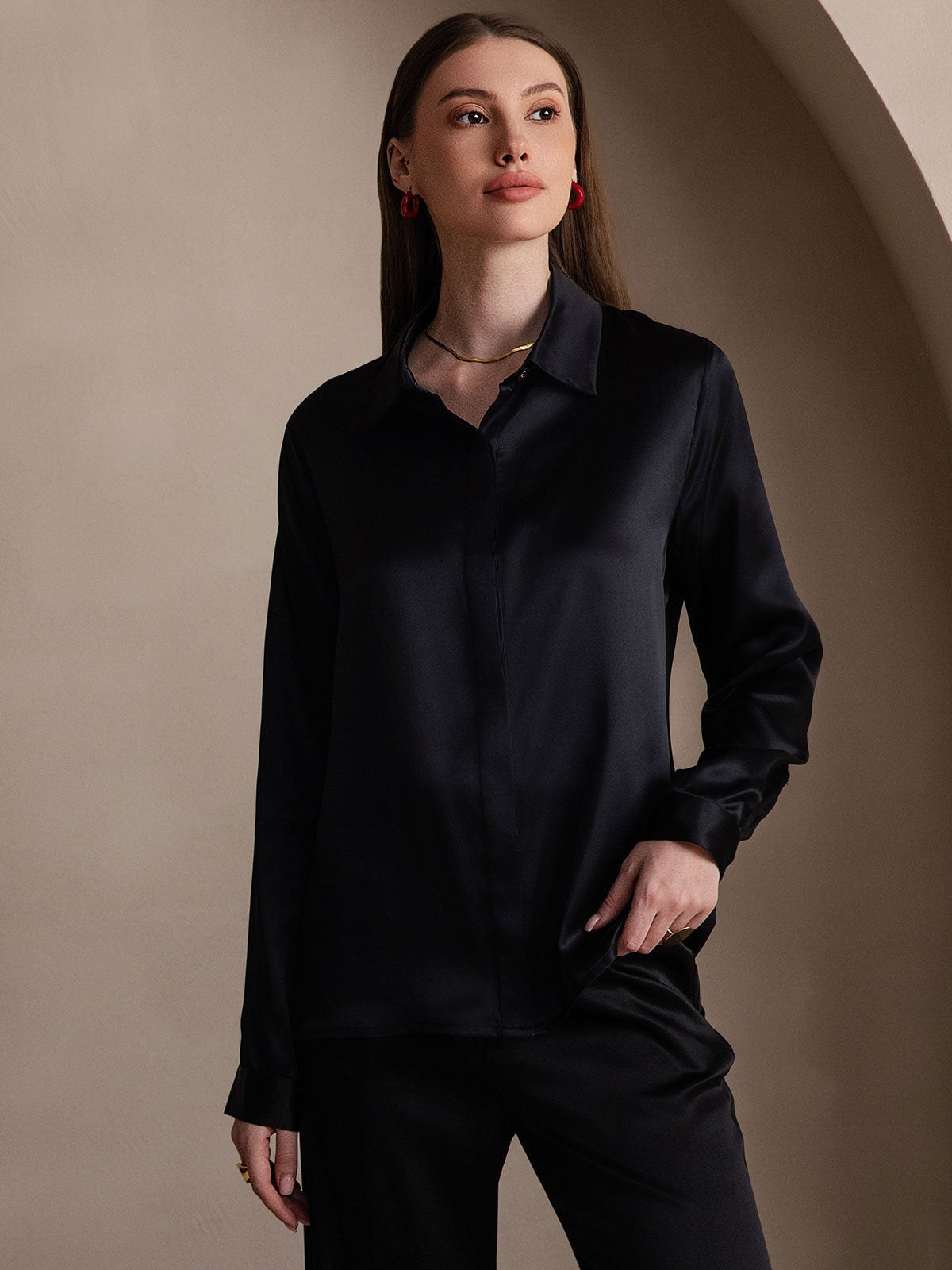 [Black] SilkSilky-UK 19Momme Silk Collar Women's Shirt 003