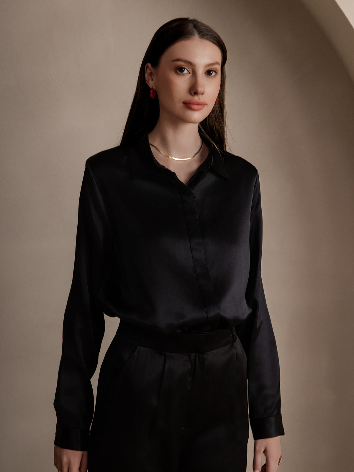 [Black] SilkSilky-UK 19Momme Silk Collar Women's Shirt 004