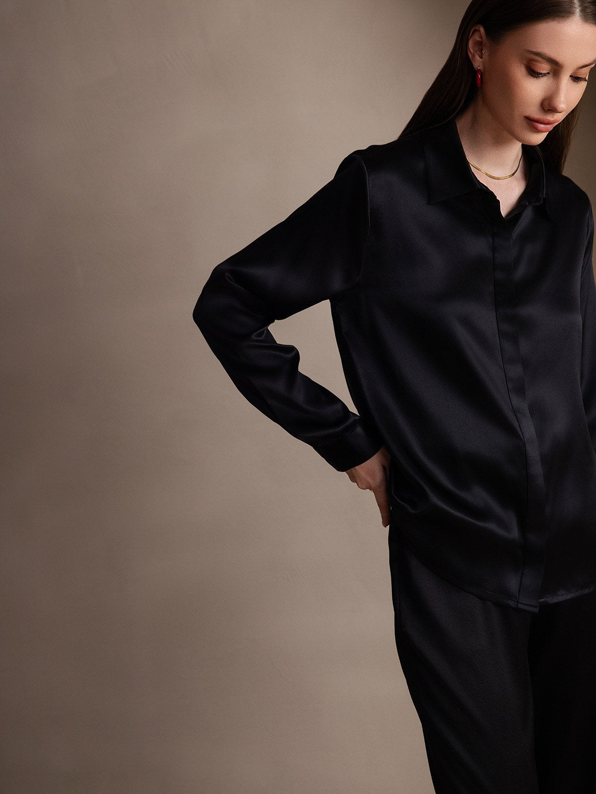 [Black] SilkSilky-UK 19Momme Silk Collar Women's Shirt 005