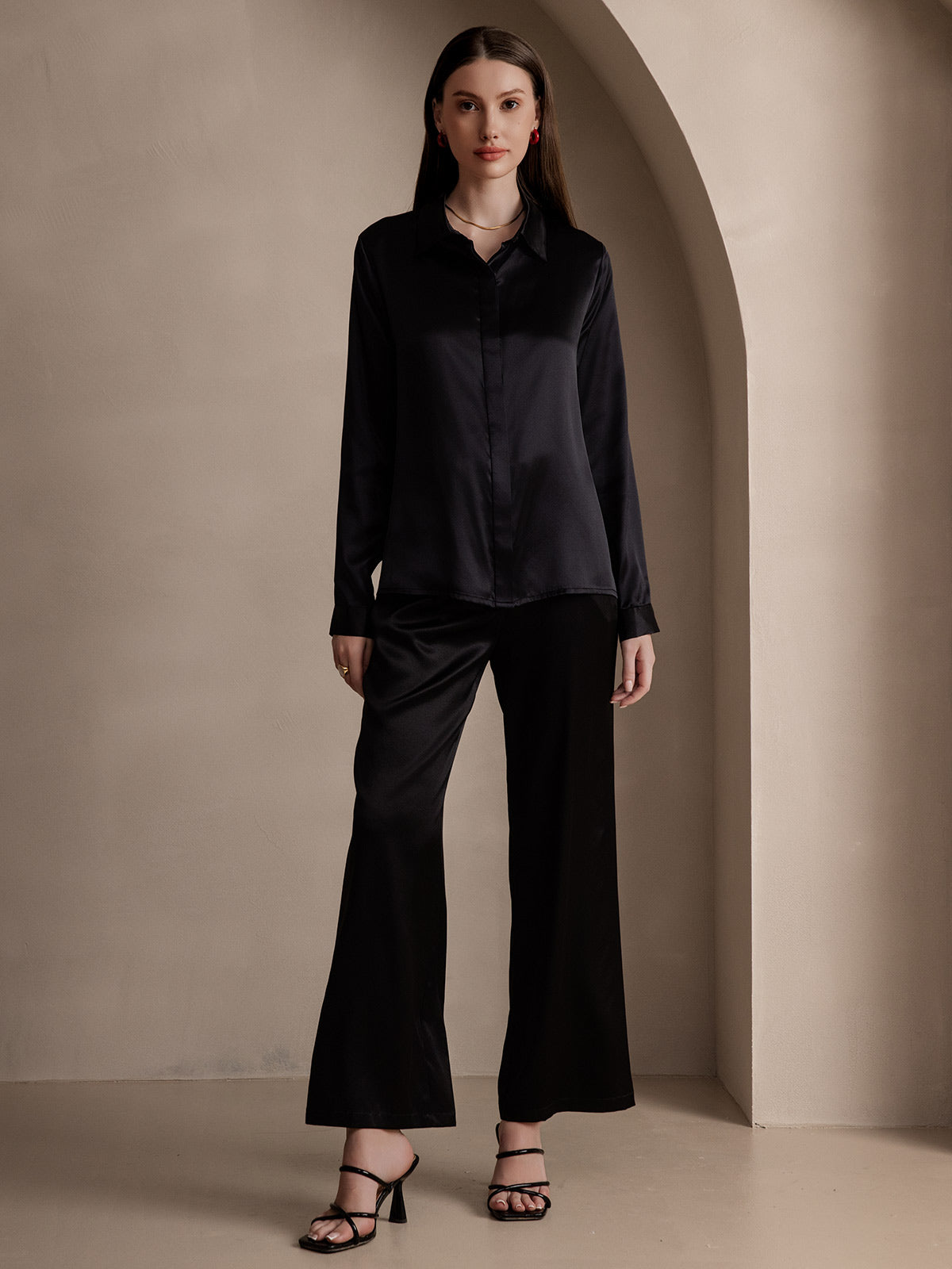 [Black] SilkSilky-UK 19Momme Silk Collar Women's Shirt 006