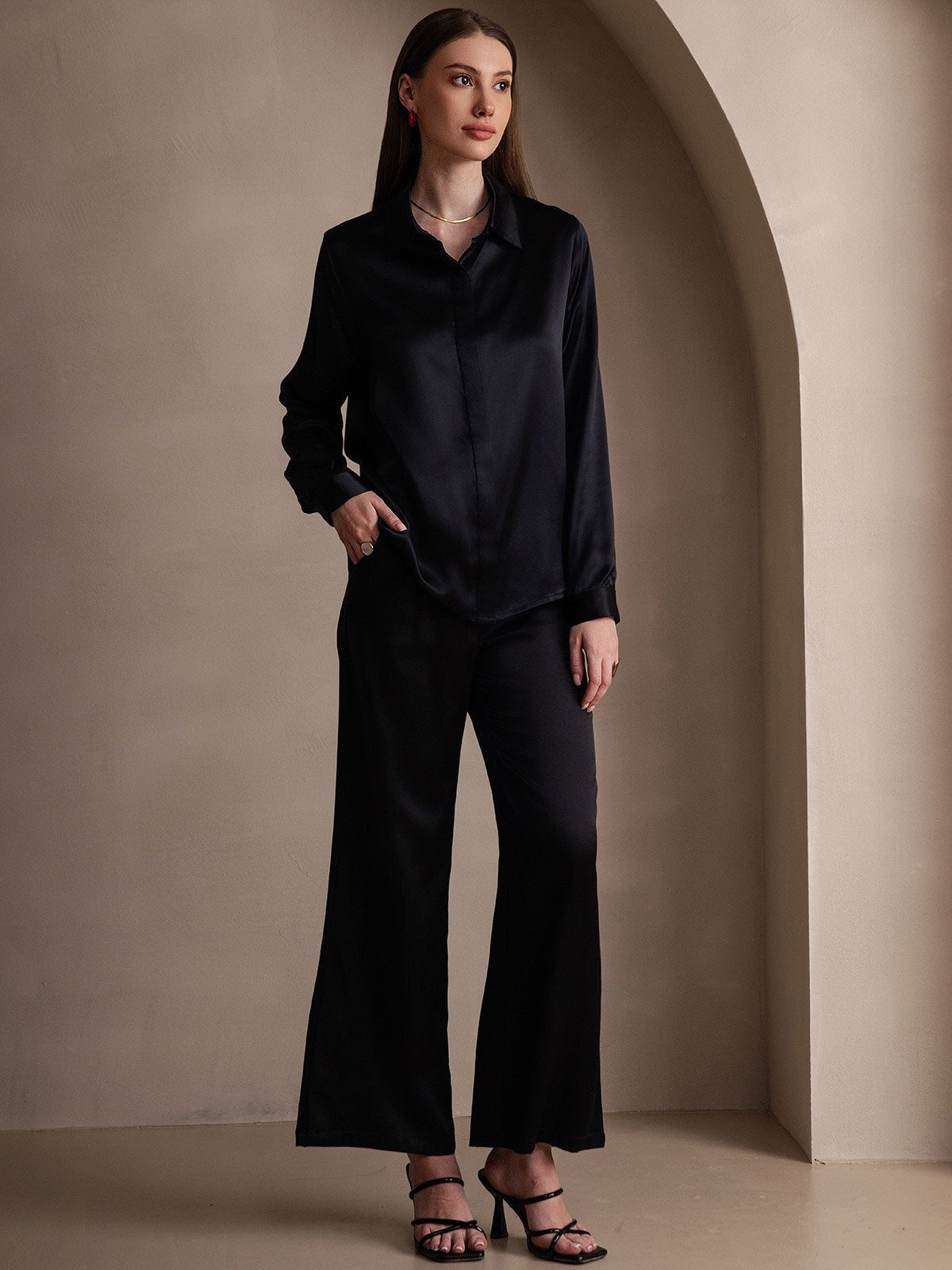 [Black] SilkSilky-UK 19Momme Silk Collar Women's Shirt 006