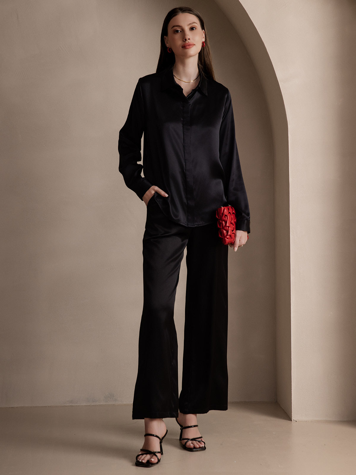 [Black] SilkSilky-UK 19Momme Silk Collar Women's Shirt 007